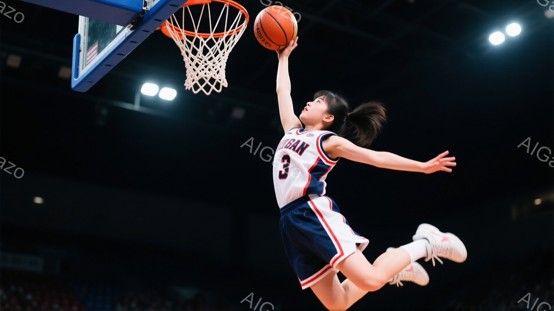 バスケをする若い女性選手が、ジャンプしてゴールにボールをダンクしようとしている瞬間を捉えた写真です。彼女は紺と白のユニフォーム、背番号3、ポニーテールで、集中した表情で空中に体を伸ばしています。背景は暗い体育館で、観客席がぼやけており、バスケットボールの競技場であることを示しています。
