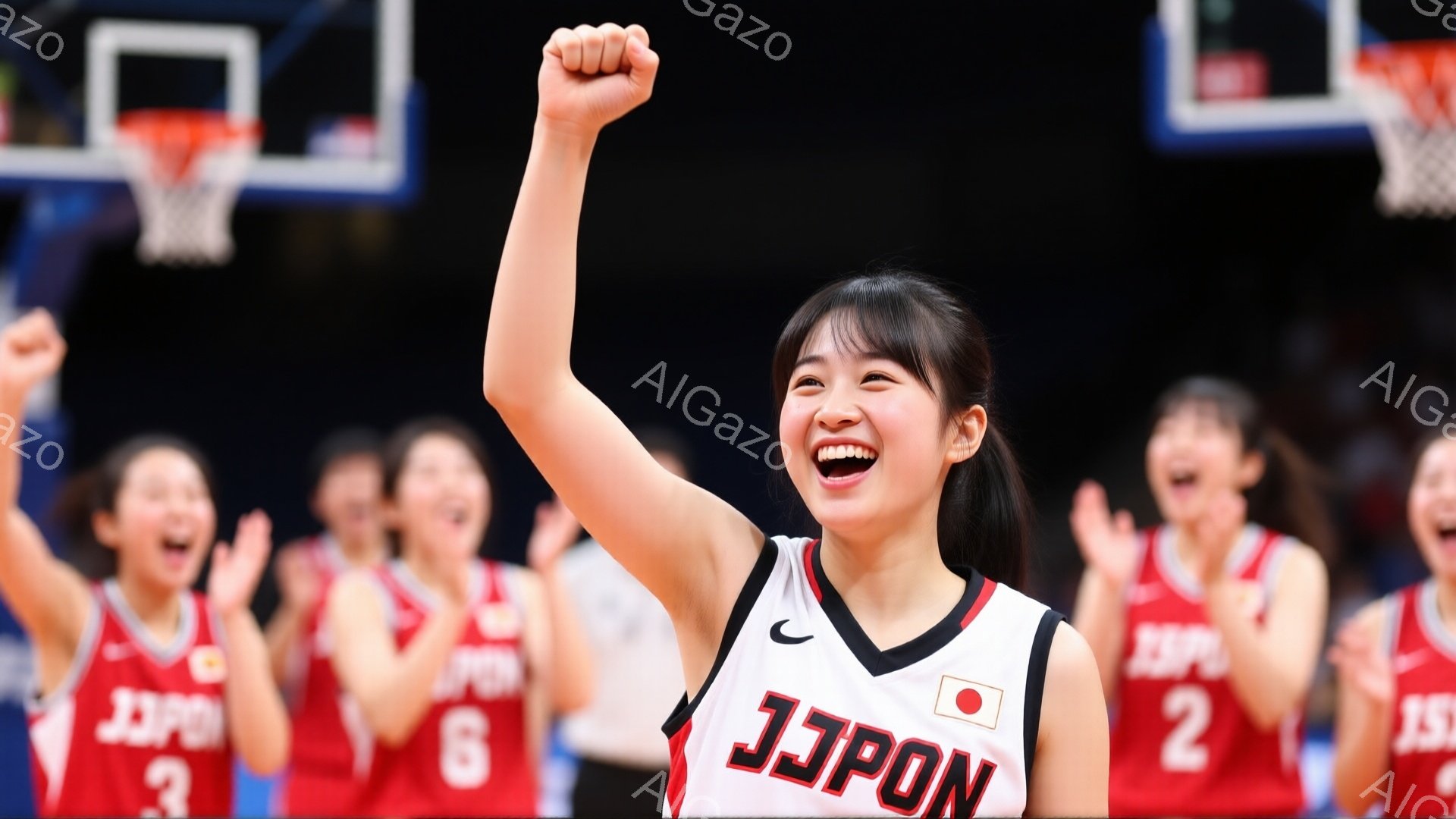 この画像は、バレーボールの試合中に喜んでいる日本の女性選手たちを捉えています。彼女たちは赤いユニフォームに「JAPAN」と書かれており、誰もが拳を高く上げ、笑顔を見せています。背景にはバスケットボールのゴールが見え、勝利や成功を祝う熱気と興奮が伝わってきます。