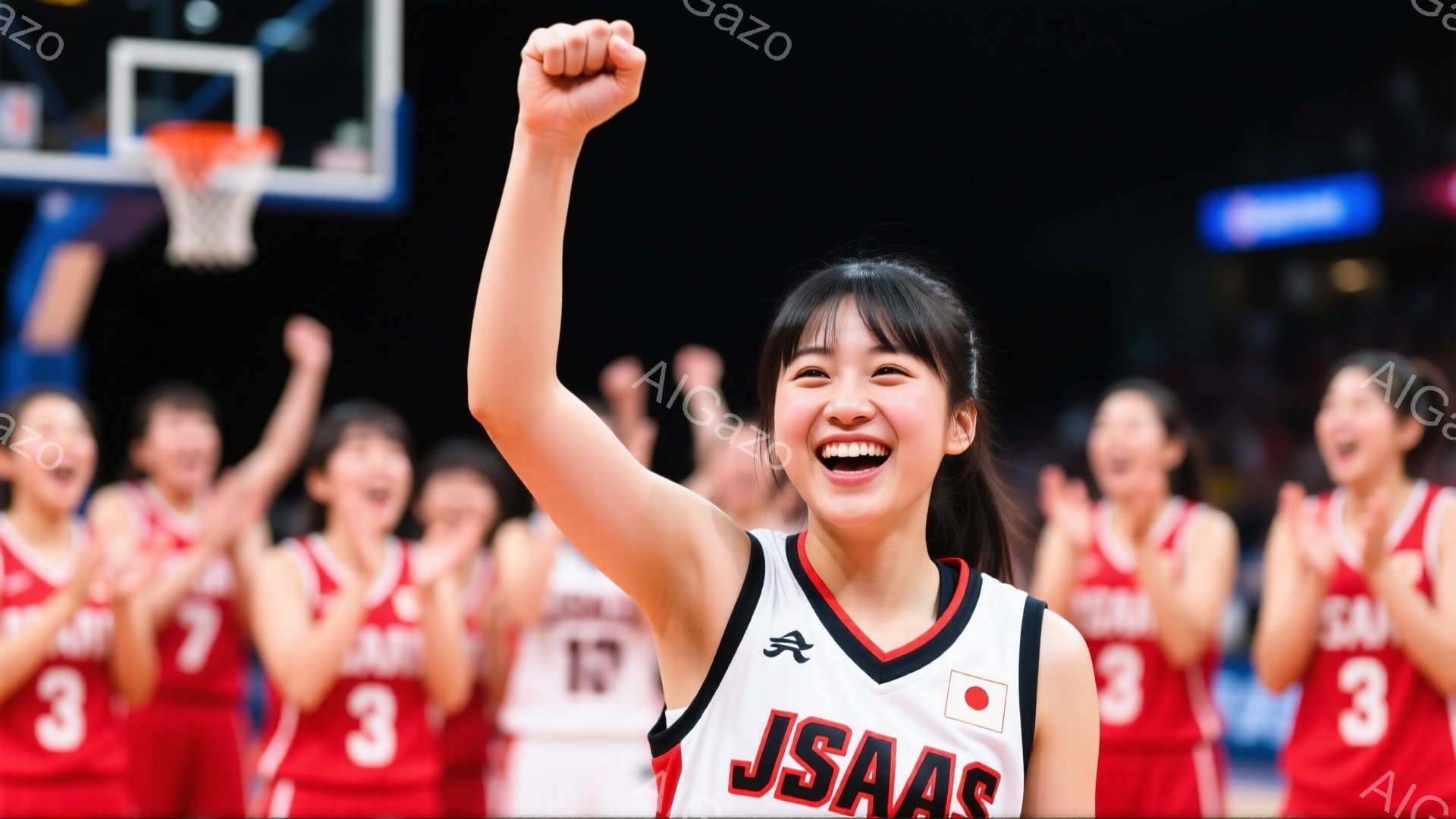 バスケの試合で、黒と赤のユニフォームを着た若い女性バスケットボール選手が、満面の笑みを浮かべながら片手を高く上げている。彼女の背後には、同じユニフォームを着たチームメイトたちが、同じように手を挙げて喜んでいる様子が見える。背景にはバスケットゴールと観客席があり、熱狂的な試合の雰囲気が伝わってくる。