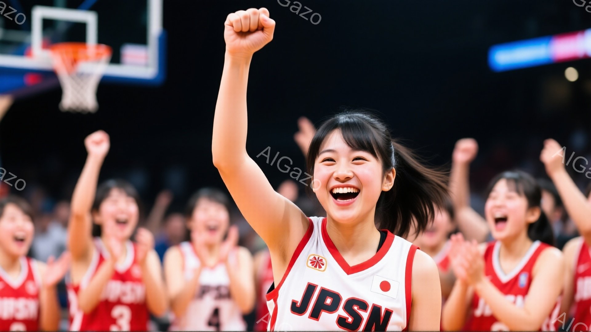 画像は、バスケットボールコートで勝利を祝う女子バレーボールチームの様子を捉えています。メンバーは赤と白のユニフォームを着ており、そのうちの一人は片手を高く上げ、満面の笑みを浮かべています。背景にはぼやけた観客席とバスケットゴールが見え、チームの喜びと興奮が伝わってきます。