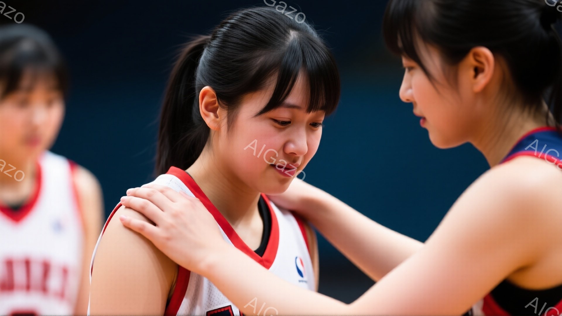 画像には、赤いトリムと白いボディのバスケットボールユニフォームを着た若い女性が二人写っています。片方の女性は肩を落とし涙ぐんでおり、もう一人の女性がその肩に手を置いて慰めています。背景は暗い体育館のようであり、もう一人のユニフォームを着た女性がぼやけて見えますが、全体的に励ましと共感を伝える温かい雰囲気が漂っています。