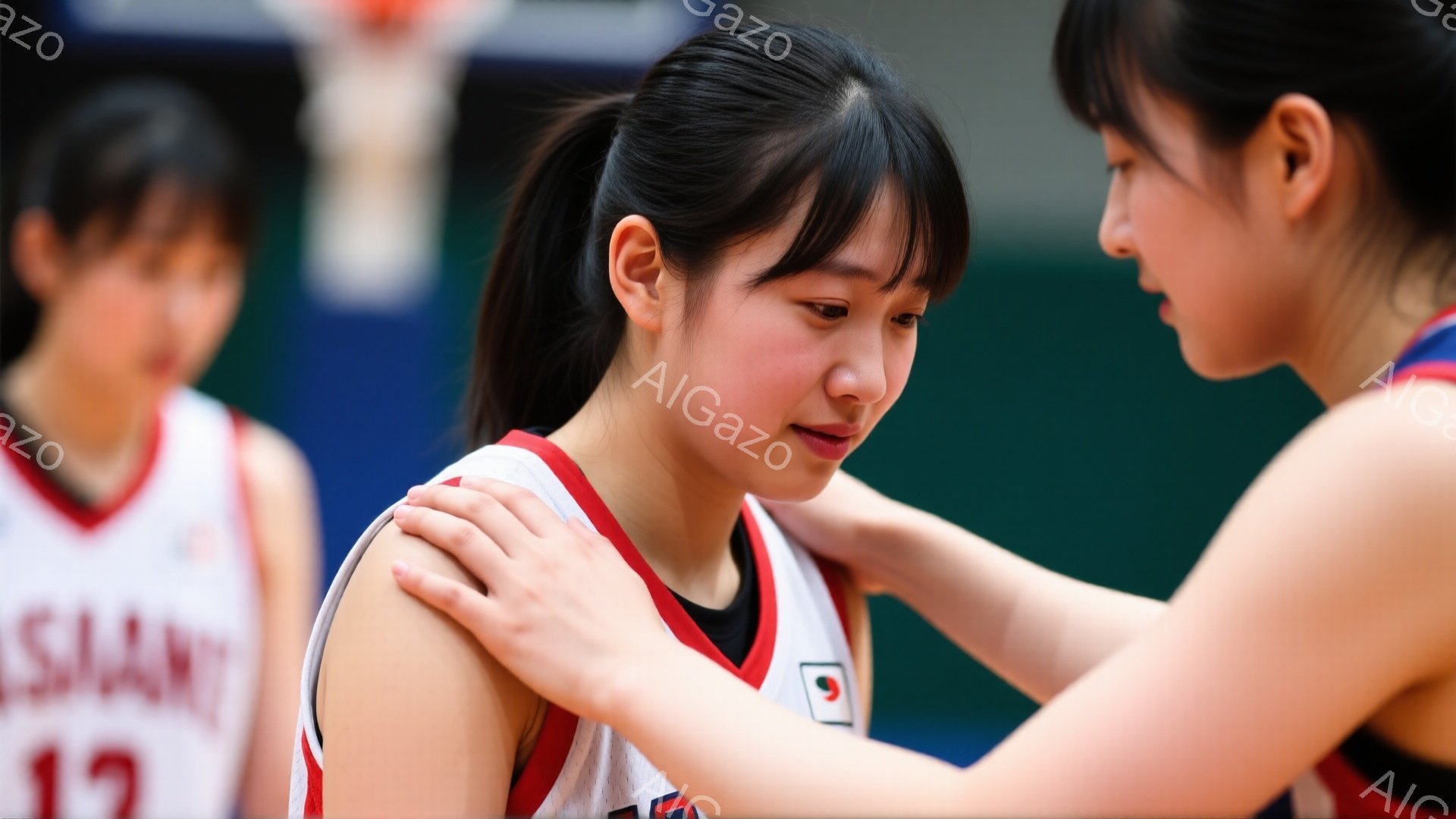 バスケのユニフォームを着た若い女性が、少し悲しげな表情でうつむいている。別の女性が彼女の肩に手を置き、慰めている様子が見て取れる。背景には、他のプレーヤーとバスケットボールコートがあり、体育館のような屋内施設で撮影されている。