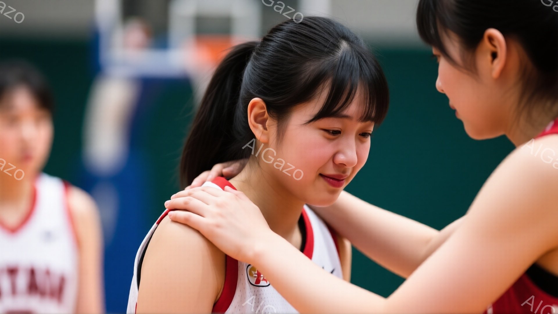 バスケのユニフォームを着た若い女性が、少し涙目になり、うなだれている。別の女性が彼女の肩に手を置き、慰めている様子が伺える。背景は体育館の床とネットが見え、試合や練習後の安堵と慰めの瞬間を捉えている。