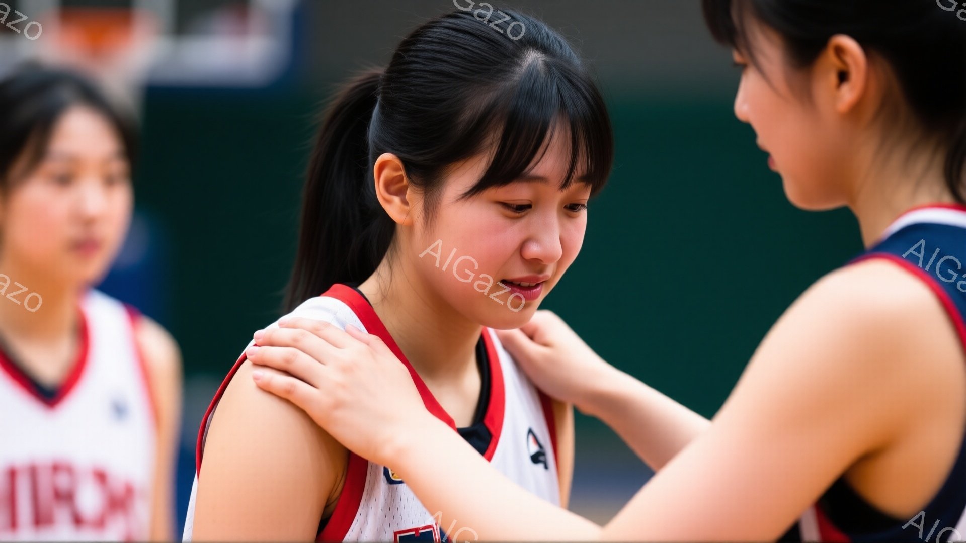 画像には、バスケットボールのユニフォームを着た若い女性たちが写っています。一人の女性は肩を落とし悲しそうな表情を浮かべており、もう一人の女性が彼女の肩に手を置いて慰めているようです。背景は体育館のフロアで、他の選手もぼんやりと見えます。