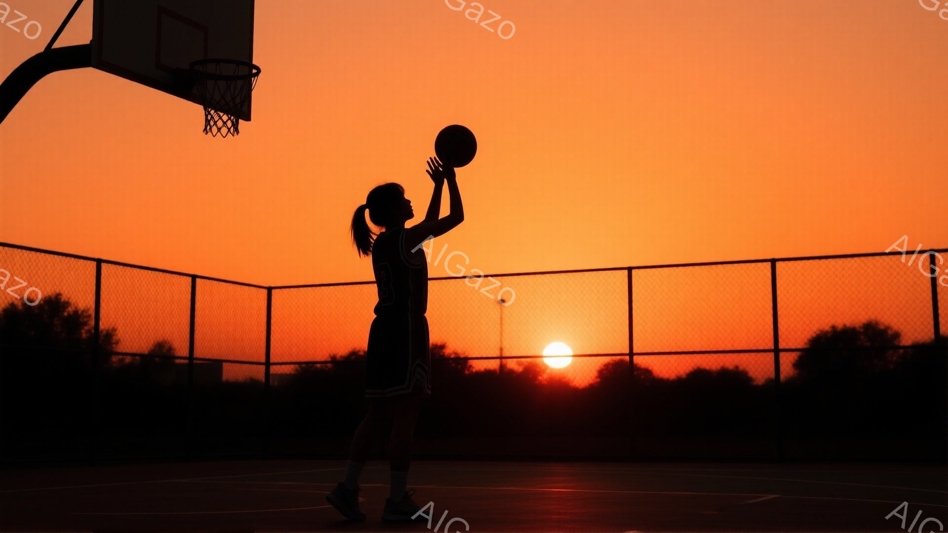 夕焼けを背景に、バスケットボールコートでシュートをしようとしている女性のシルエットが描かれている。彼女は短いヘアスタイルで、バスケットボールウェアを身につけており、シュートに向けてボールを高く掲げている。背景には、オレンジ色の夕焼けと、遠くの木々が見え、静かで感動的な雰囲気を醸し出している。