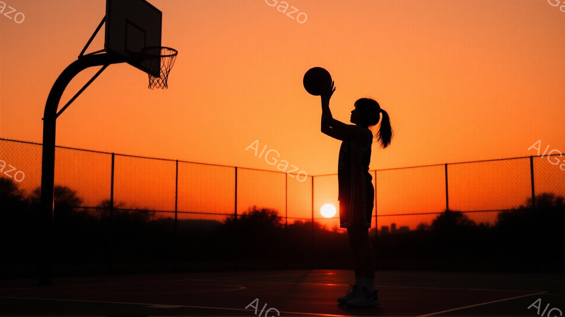 夕焼けを背景に、バスケットボールコートでボールを持つ女性のシルエットが描かれている。彼女はポニーテールで後ろに髪を結い、バスケットボールを頭上に構え、シュートの準備をしているように見える。背景にはフェンスと遠くの緑地が見え、空は鮮やかなオレンジ色と赤色のグラデーションで、温かくノスタルジックな雰囲気を醸し出している。