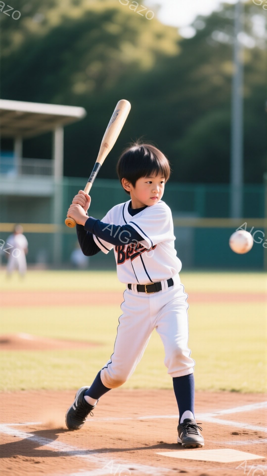 少年は野球のバッターボックスに立ち、バットを構えて打つ準備をしている。白いユニフォームに紺色のソックスと靴を履き、黒髪を短く切っている。背景には緑の野球場と建物が見え、晴天の下、活気のある雰囲気である - AI生成フリー素材