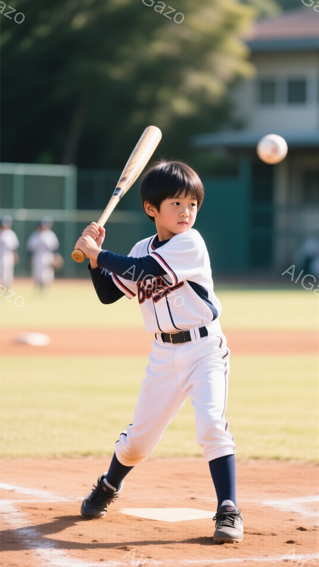 少年は野球のバッターボックスに立ち、バットを構えてボールを待っています。白いユニフォームに赤いラインが入っており、黒いベルトと靴下を履いています。背景には緑の芝生と観客席が見え、晴れた日の野球練習風景 - AI生成フリー素材