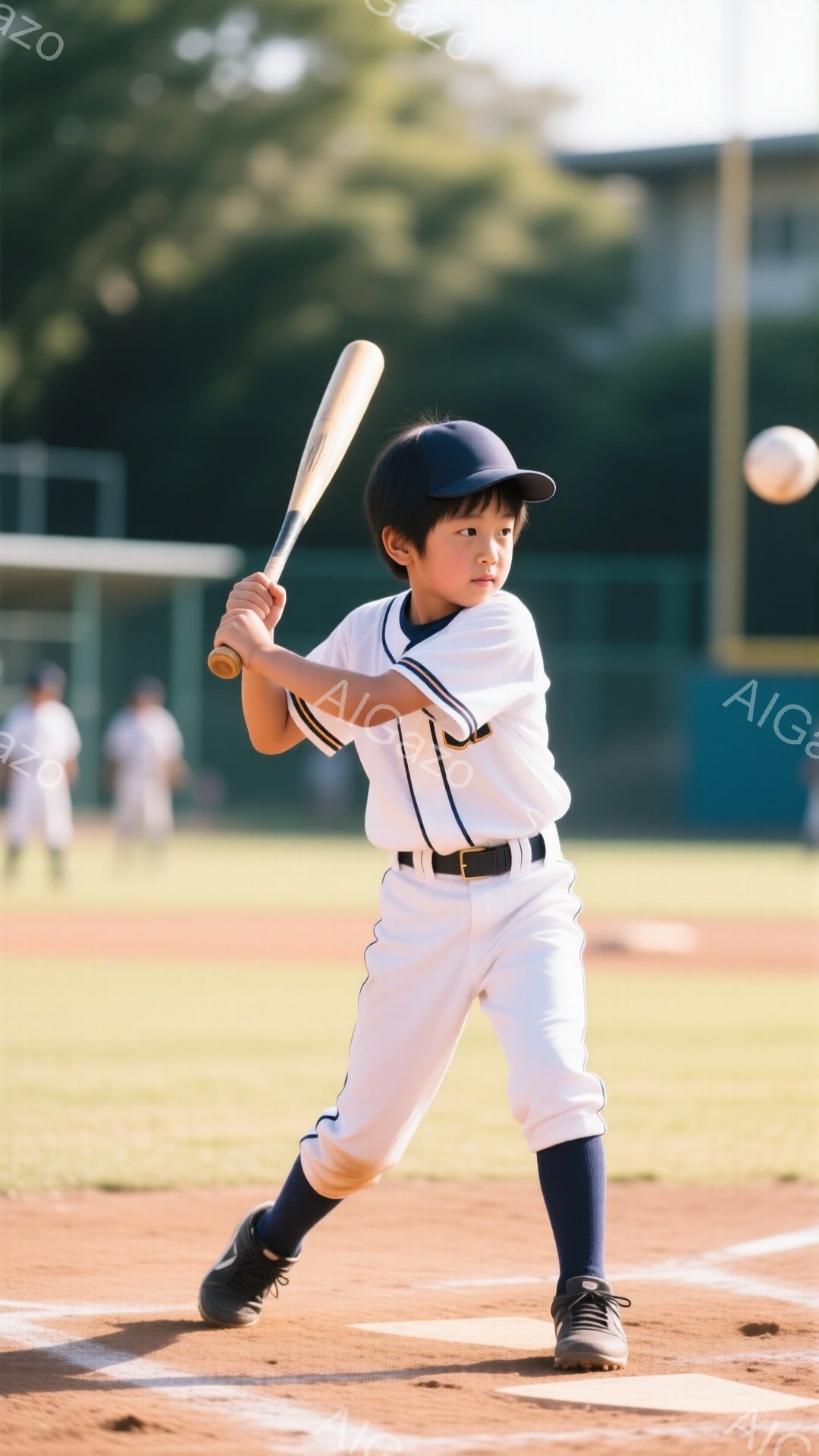 野球の試合中の少年が写っている。少年は白いユニフォーム、濃い青色のソックス、野球帽を着用し、バットを構えて打つ姿勢をとっている。背景には緑の草地と野球場の設備が見え、晴れた空の下で活気ある雰囲気が感じ - AI生成フリー素材