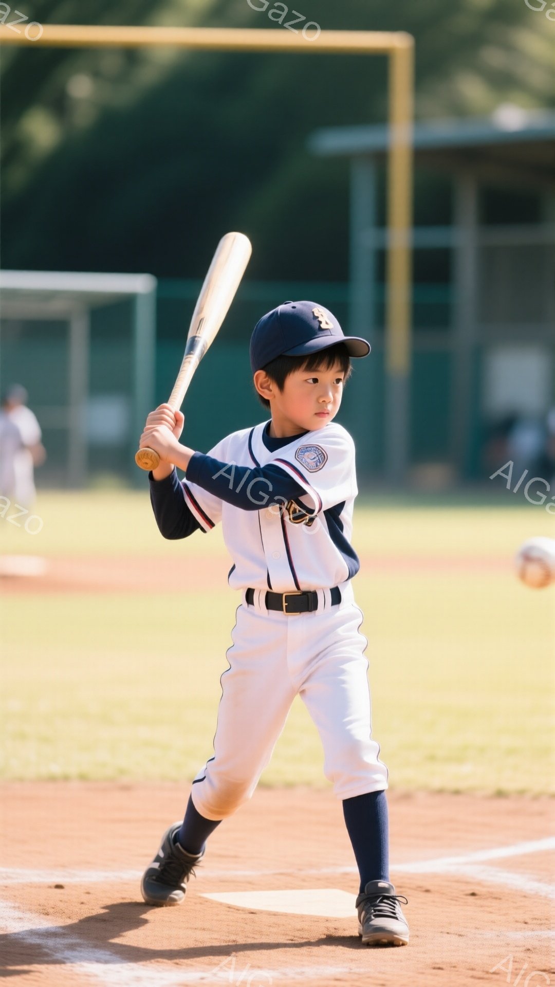 少年は野球の試合中にバッターボックスに立ち、バットを構える姿が捉えられています。紺と白のユニフォームにキャップを被り、集中した表情で打つ準備をしています。背景には野球場のフェンスや緑が見え、晴れた日の - AI生成フリー素材