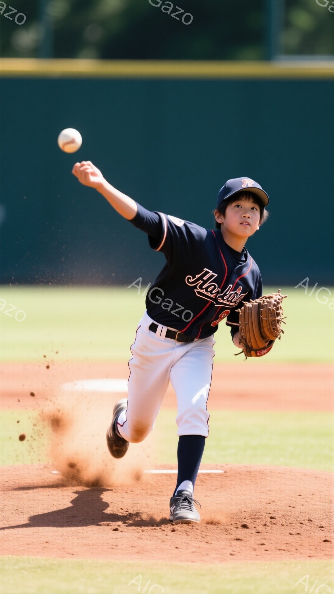 少年は野球のピッチング動作中です。紺色のユニフォームに「虎」と書かれたワッペン、白いズボン、黒いスパイクを着用し、髪は短く整えられています。背景には緑の芝生とフェンスが見え、埃が舞い上がっていることから、少年は力強く投球している様子が伝わってきます。