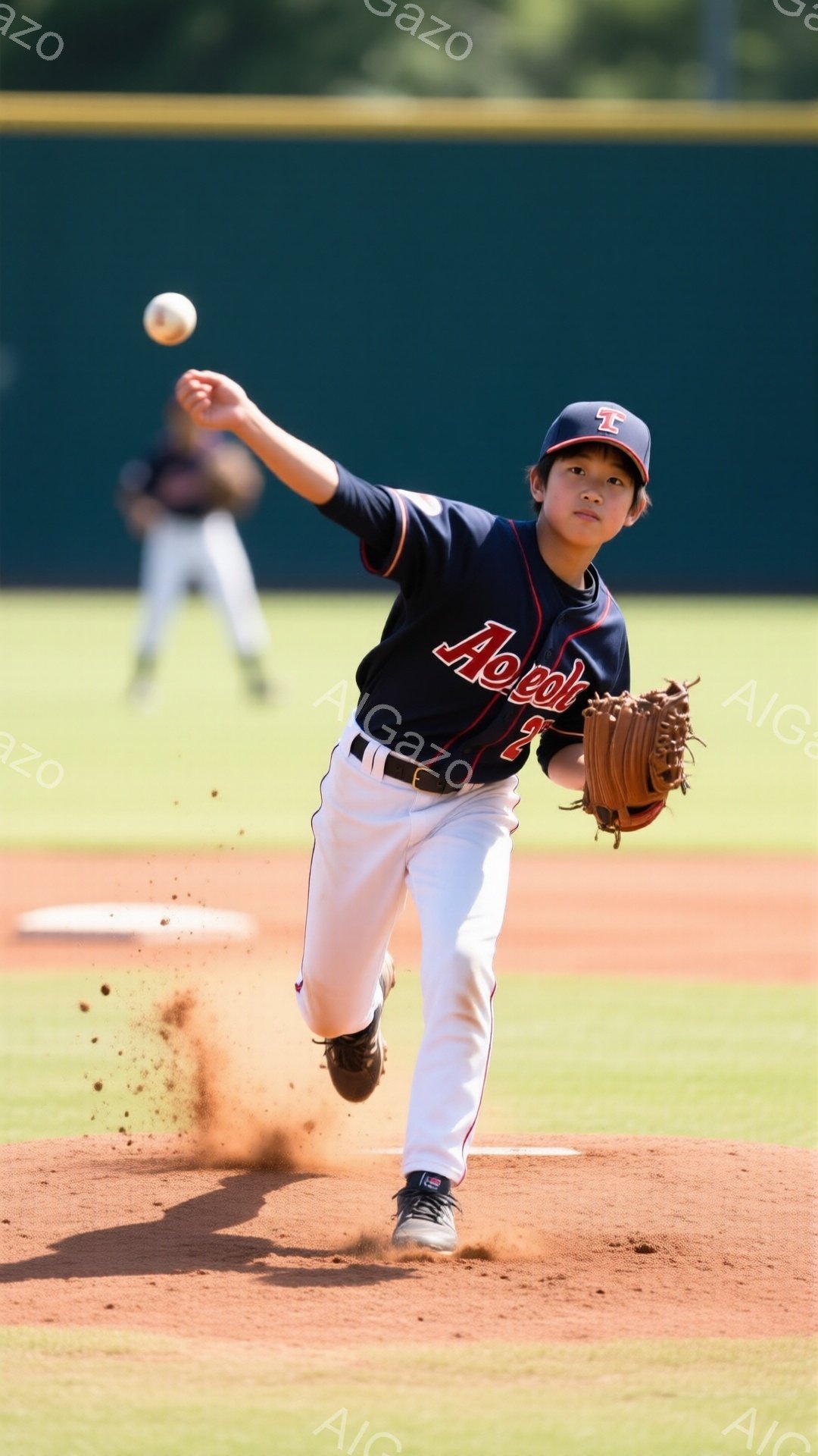 少年は野球の試合で投球の動作をとっており、土が舞い上がっています。紺色と赤色のユニフォームにキャップを着用し、真剣な表情でボールを投げようとしています。背景には緑の芝生と観客席が見え、晴天の下での活気ある試合の雰囲気が伝わってきます。