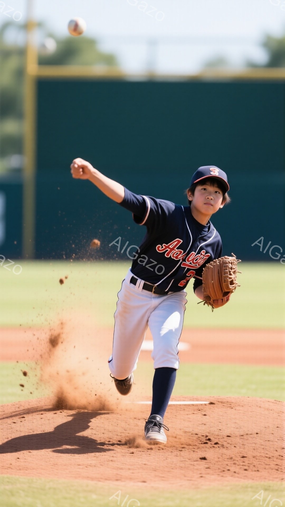 野球少年が投球動作中です。紺色のユニフォームに白のパンツ、帽子を被り、力強くボールを投げる姿は躍動感に満ちています。背景には緑の木々やフェンスが見え、晴天の下での野球練習風景を表しています。