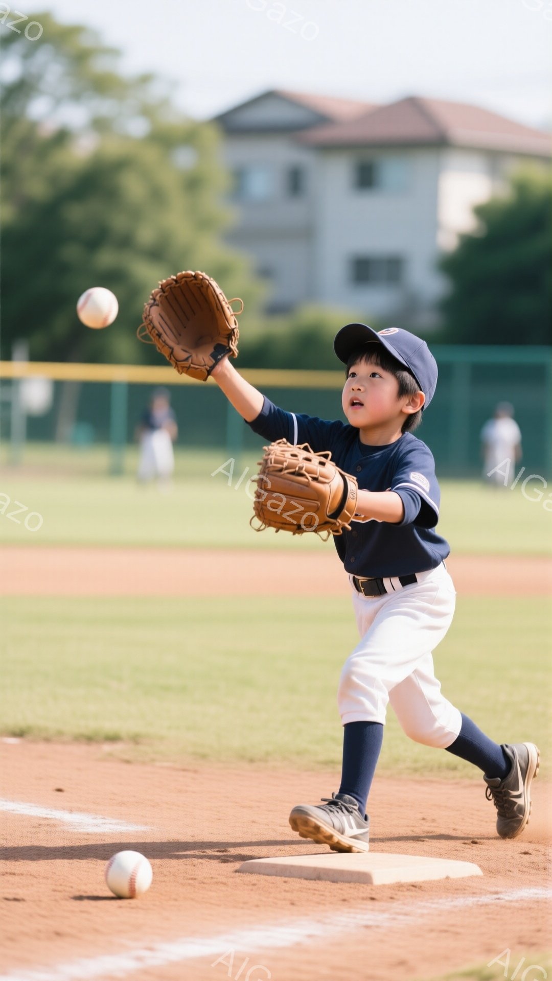 少年は野球の試合中にボールをキャッチしようとしています。紺色のユニフォーム、白いズボン、野球帽を着用し、集中した表情で右手を高く上げてグローブを構えています。背景には緑の芝生と野球場、遠くに見える建物 - AI生成フリー素材