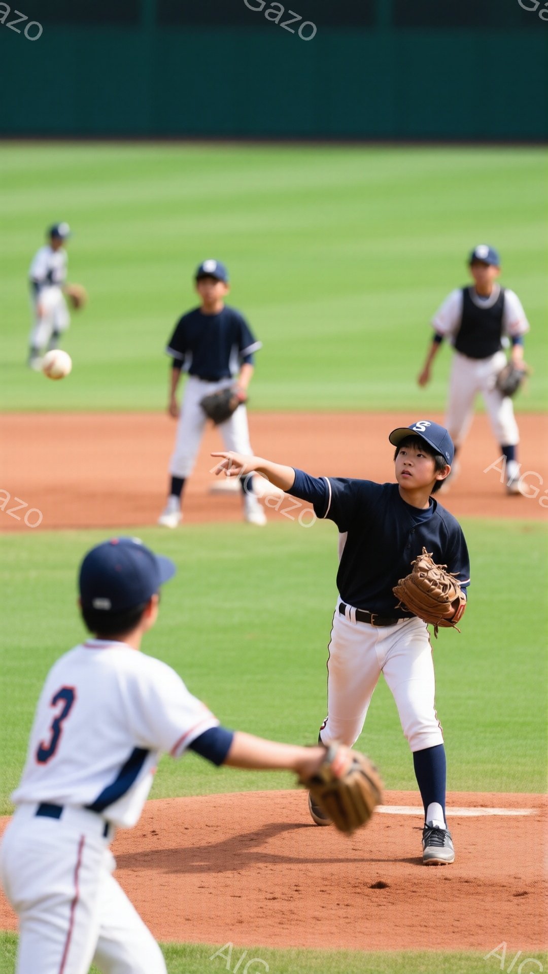 野球場で少年たちが野球をしている様子が写っています。紺色のユニフォームを着た少年が、右手を伸ばしてボールをキャッチしようとしており、真剣な表情をしています。背景には緑の芝生と、他の少年たちが練習してい - AI生成フリー素材