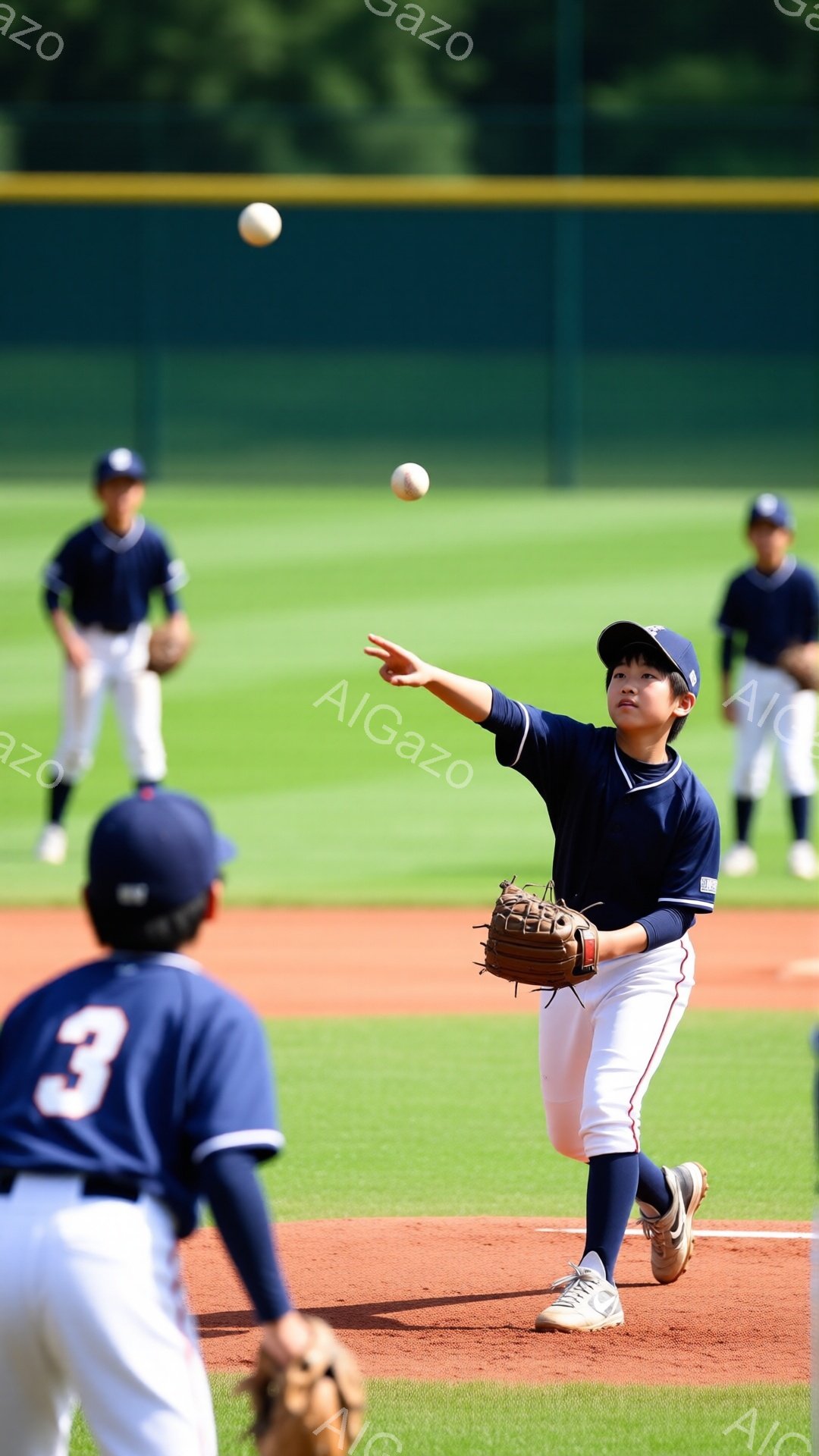 野球の試合中の少年の写真です。少年は濃い青色のユニフォームと帽子を着用し、野球のボールを投げる直前のフォームをとっています。背景には緑豊かな芝生と、ぼんやりと見える木々があり、晴れた日の屋外での活気あ - AI生成フリー素材