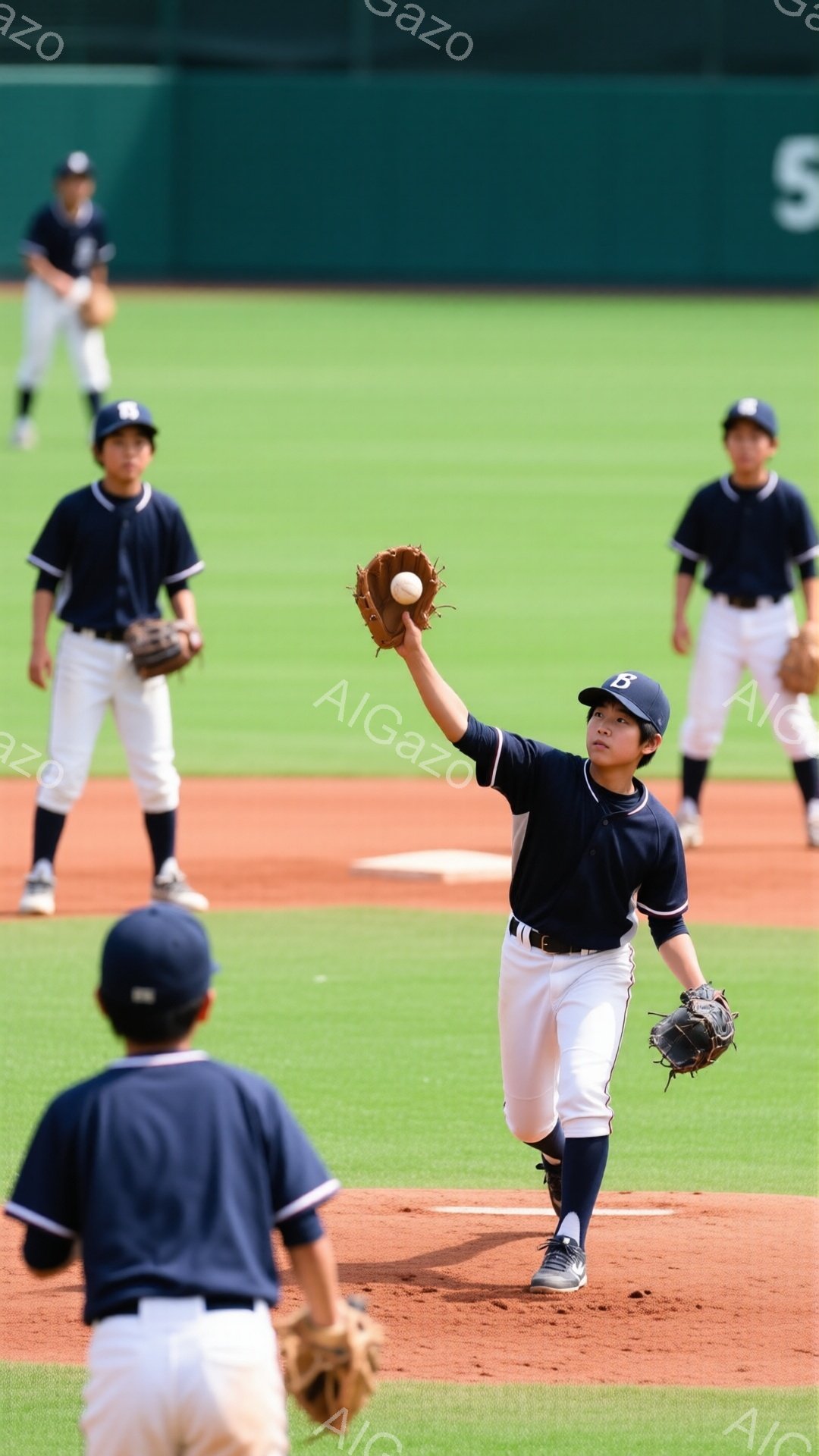 野球場で少年たちが練習をしている様子が写っている。紺色のユニフォームとキャップを着用し、一人が投球の準備をしている。背景には緑の芝生と土のグラウンドが広がり、他の少年たちも練習に集中している様子が伺え - AI生成フリー素材
