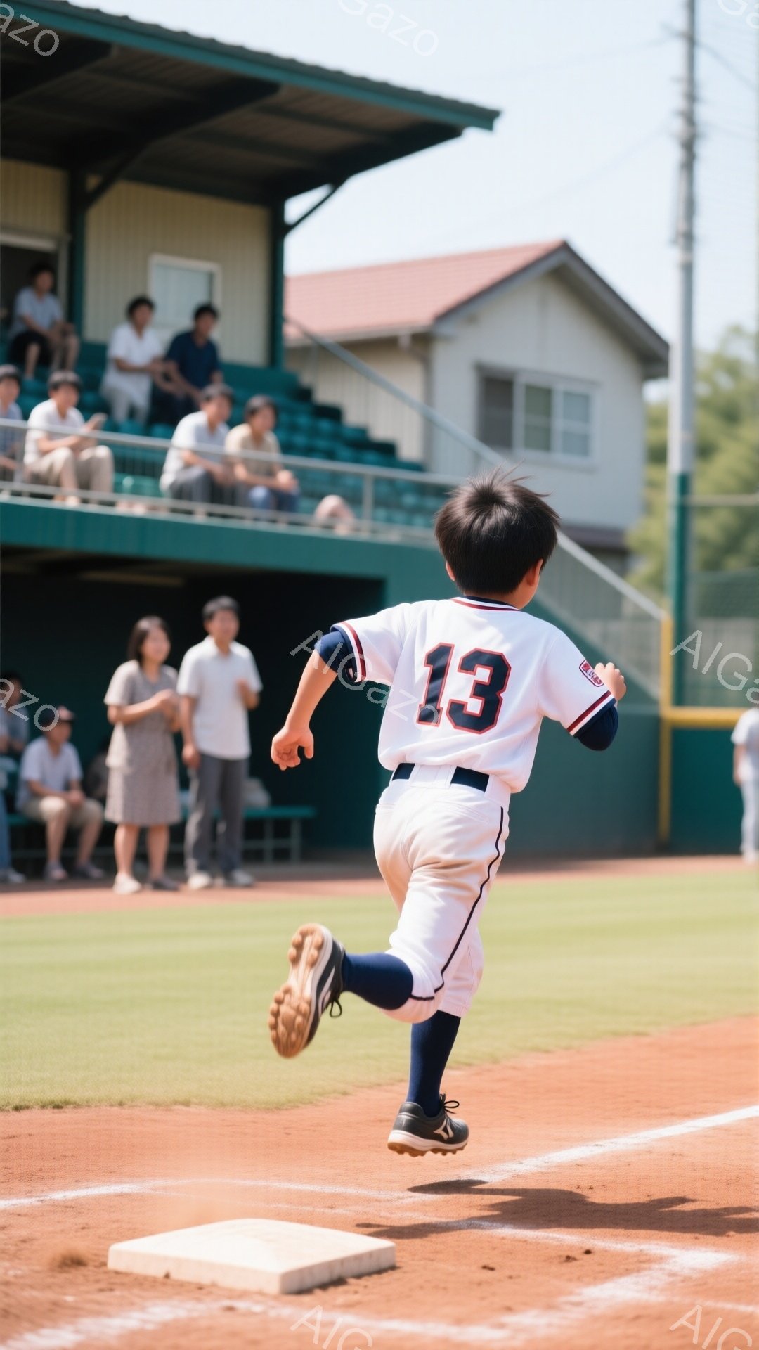 野球場で走っている少年の後姿が写っている。少年は「13」と書かれた白いユニフォームと短パンを着用し、土ぼこりの舞うベースを駆け抜けている。背景には観客席と木々が見え、晴天の下、活気のある試合の雰囲気が伝わってくる。
