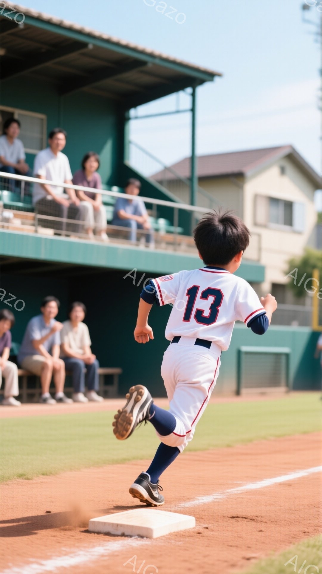 野球の試合中に、背番号13のユニフォームを着た少年がベースを駆け抜けている。少年は黒い髪で、ユニフォームとスパイクを着用し、集中した表情で走っている。背景には観客席と建物があり、晴れた空の下、緑の芝生 - AI生成フリー素材