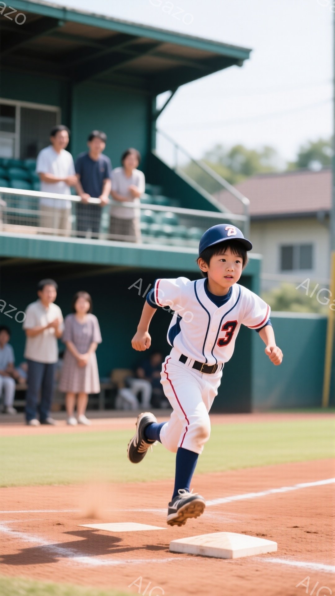 リトルリーグの試合中と思われる少年が、ベースを駆け抜けている。赤と白の野球ユニフォームに背番号3が書かれ、帽子を深く被っている。背景には観客席と緑豊かな木々が見え、晴天の青空が広がっており、活気のある - AI生成フリー素材