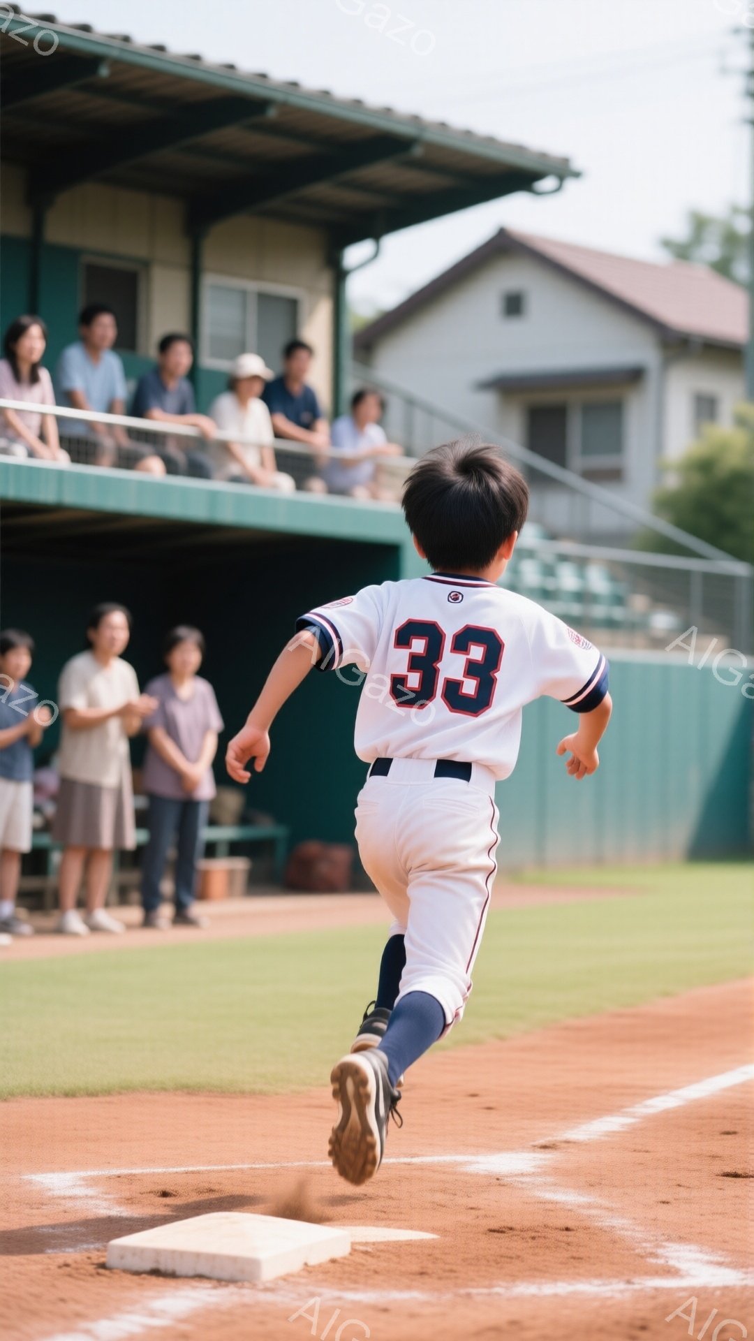 野球のユニフォーム「33」を着た少年が、ベースに向かって走り抜けている。少年は黒髪で、後ろ姿のため表情ははっきりしないが、勢いよく走る姿から真剣な表情が想像できる。背景には観客席と緑豊かな木々が見え、晴れた日の野球場の活気ある雰囲気が伝わってくる。
