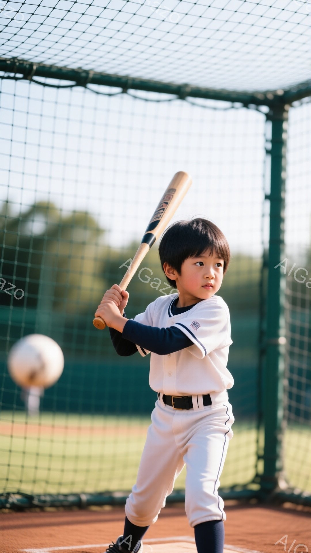 少年は野球のバッティング練習をしている。白いユニフォームに紺色の靴下とベルトを着用し、黒髪を短く切っている。背景にはネットと土のグラウンドがあり、薄明るい天候のため、練習風景は明るく爽やかな雰囲気が漂っている。