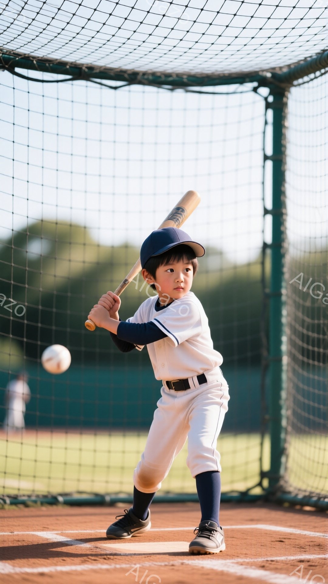 青い野球帽とユニフォーム姿の少年が、バットを構えてスイングの準備をしている。彼の表情は真剣で、集中力に満ちている。背景には野球のネットと緑の芝生、遠くには建物が見え、晴れた日の屋外練習風景であることが - AI生成フリー素材
