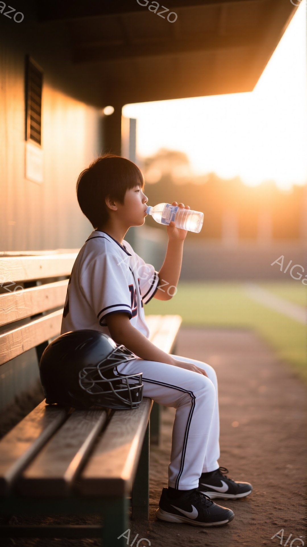 野球のユニフォームを着た少年が、ベンチに座ってペットボトルの水を飲んでいます。ヘルメットが隣に置かれ、黒いスニーカーを履いています。背景には緑の野球場が広がり、夕焼けのようなオレンジ色の空が、暖かく穏 - AI生成フリー素材
