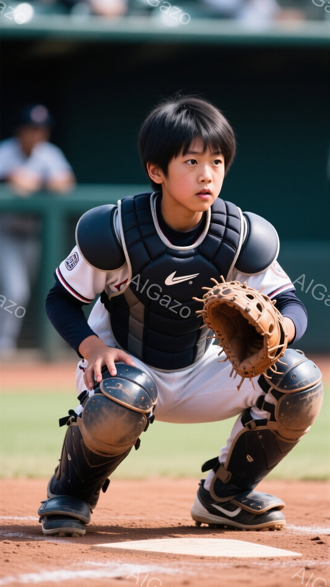 少年は野球のキャッチャーとして、膝をついて構えています。白いユニフォームに黒のプロテクターを身につけ、真剣な表情でボールを見つめています。背景には緑のフィールドとぼやけた観客席が見え、晴れた日の野球場 - AI生成フリー素材