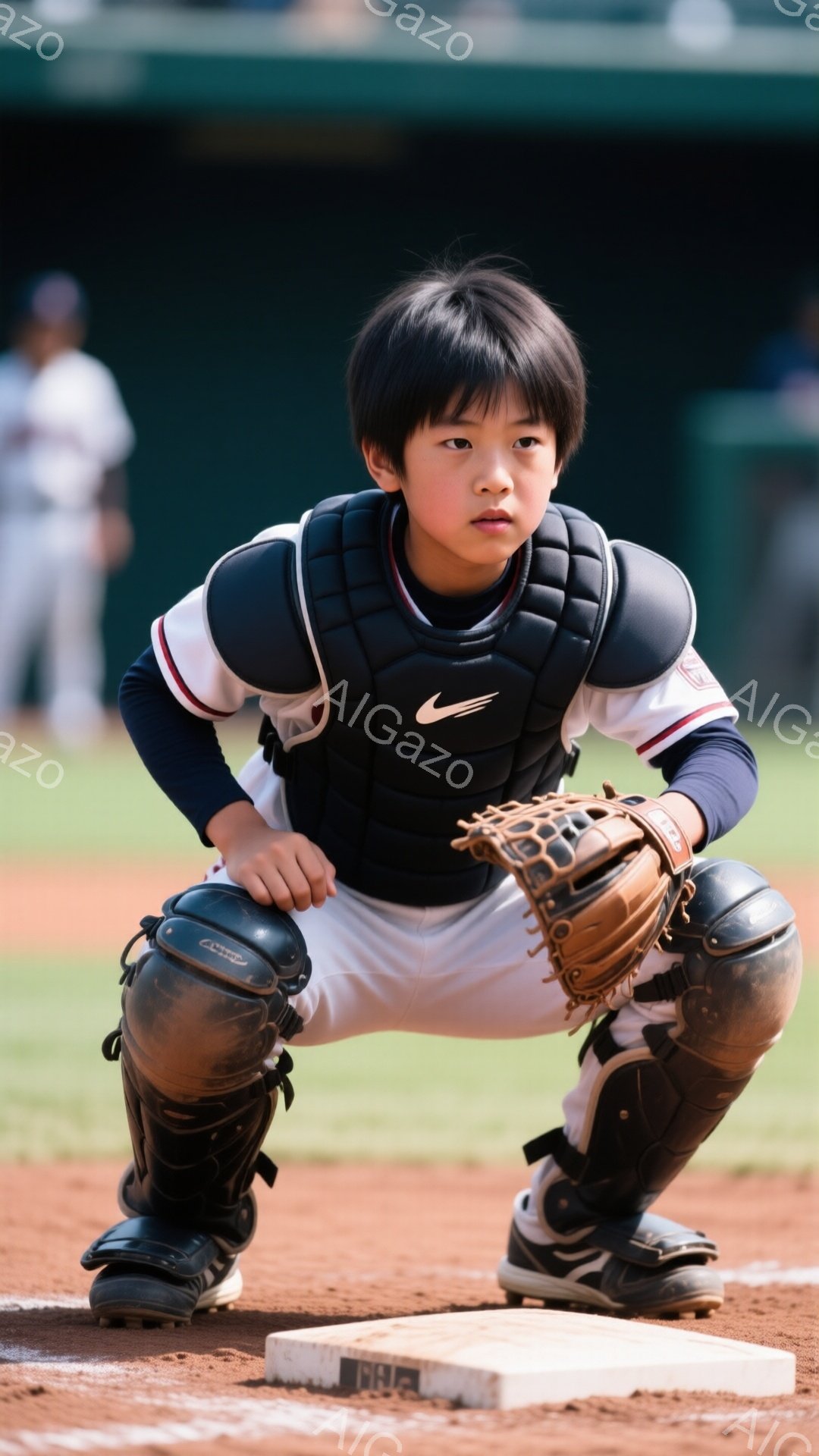 少年は野球のキャッチャーの装備を身に着け、構えを取っています。黒いヘルメット、プロテクター、レッグガード、そしてミットを装着し、白いユニフォームと黒いショーツ姿です。背景には野球場が見え、晴れた日の屋 - AI生成フリー素材