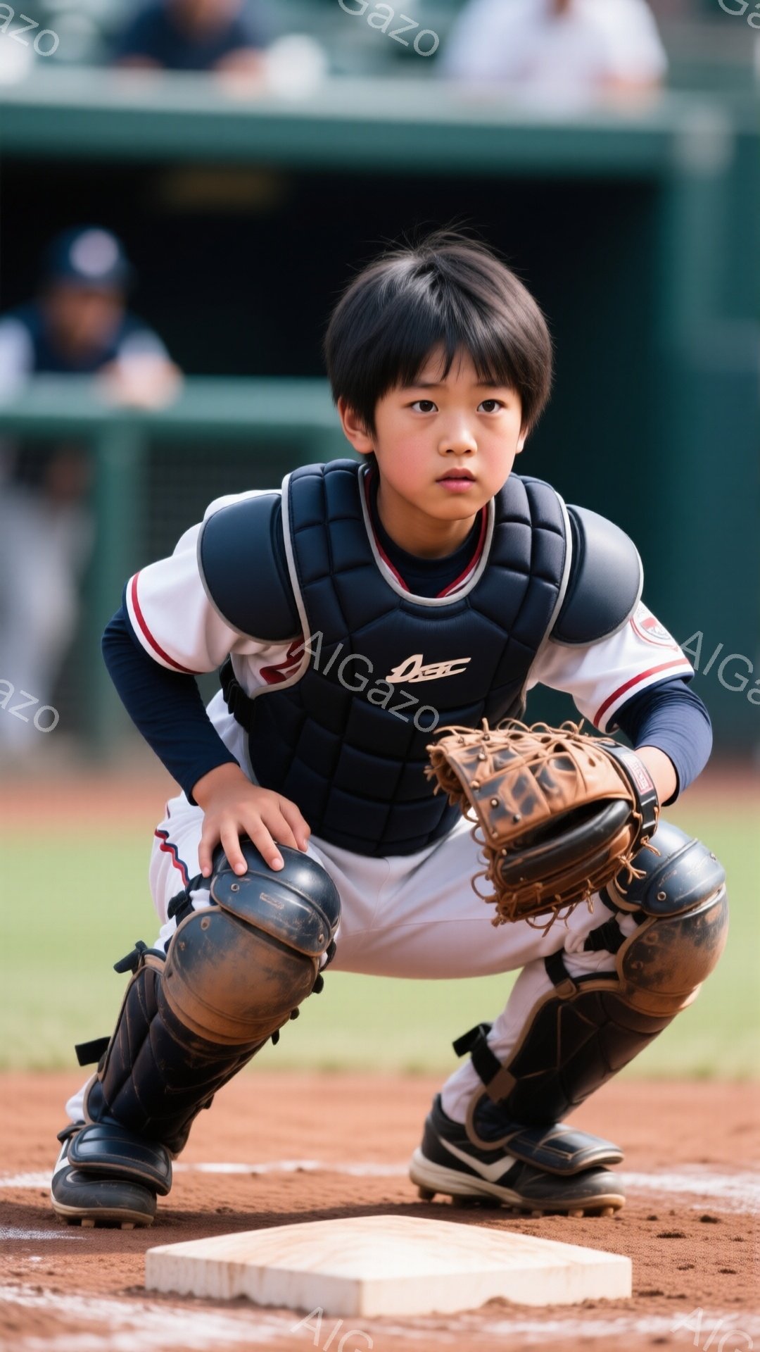 黒髪の少年が野球のキャッチャーの装備を身につけて、ホームベースの前で構えています。濃い青色のプロテクターとレッグガード、白いズボン、そして黒い野球帽を着用し、集中した表情でミットを構えています。背景に - AI生成フリー素材