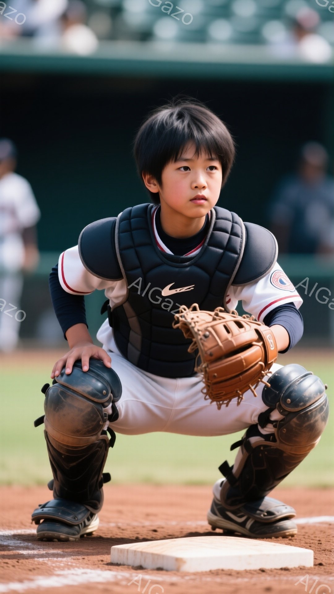 少年は野球のキャッチャーとして、膝をついて構え、ボールを受ける準備をしている。黒いキャッチャーミットとプロテクターを身につけ、濃い茶色の髪を短く切っている。背景には緑の芝生とぼやけた観客席が見え、晴れ - AI生成フリー素材