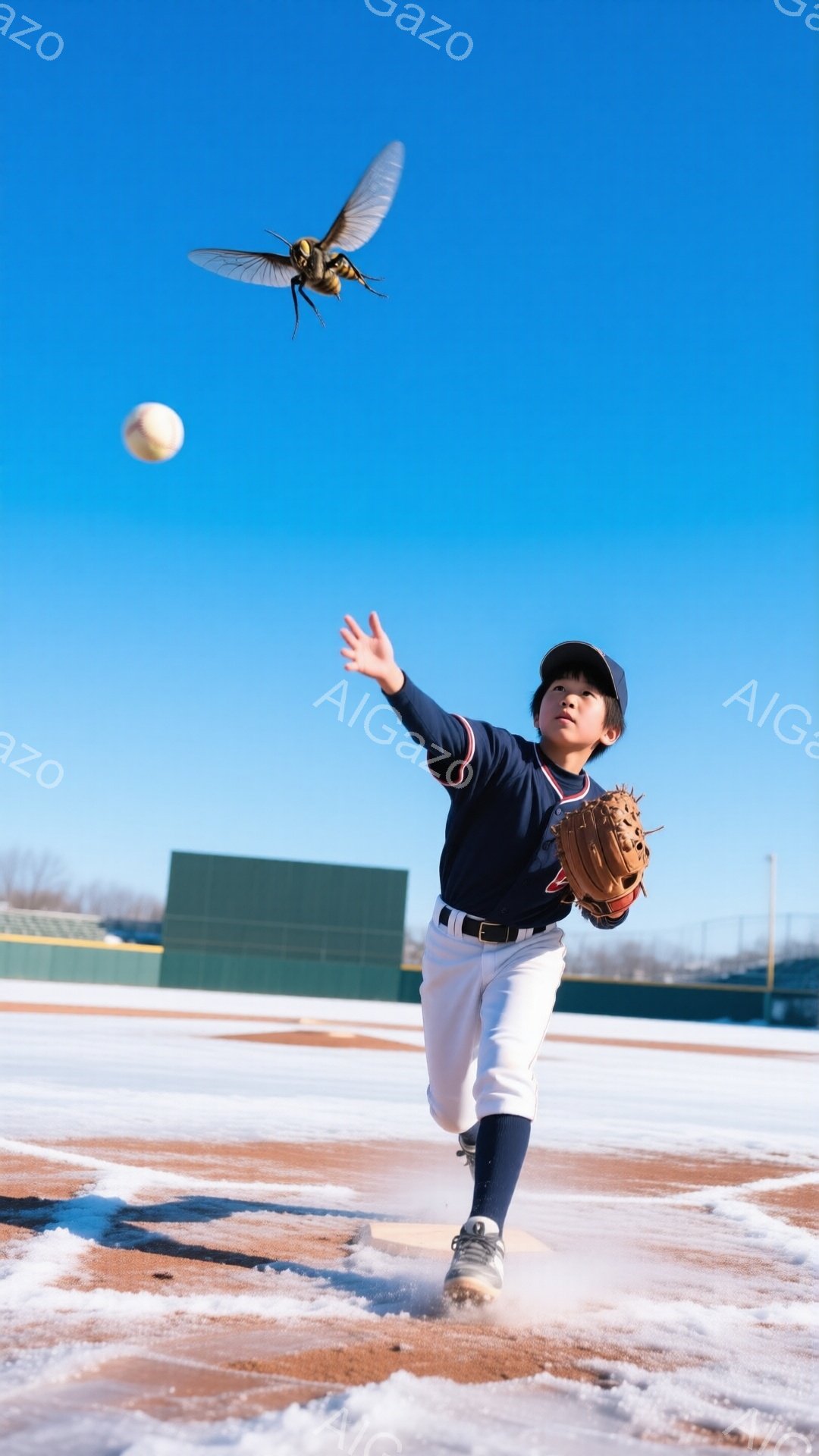 少年は野球のユニフォーム（濃い紺色と白）を着て、野球のグラウンドに立っています。彼はボールをキャッチしようとして腕を高く上げ、集中した表情をしています。背景には緑のフェンスと雪が積もったフィールドが見 - AI生成フリー素材