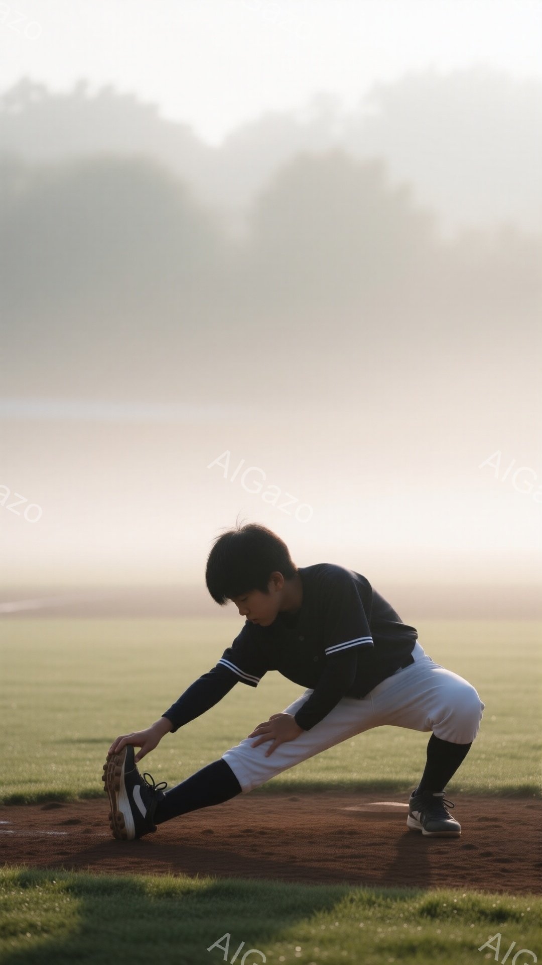 少年は野球の練習場でおもてなしをしている。紺色のシャツに白いズボンを履き、黒髪を短く切っている。背景には朝の霧が立ち込め、緑の芝生と土のグラウンドが広がり、静かで穏やかな雰囲気が漂っている。