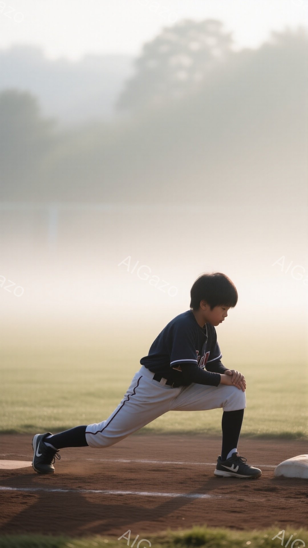 少年は野球場で、片膝をついて姿勢を低く保っている。紺色の長袖ユニフォームと白のズボンを着用し、黒い野球シューズを履いている。背景は薄い霧に包まれた緑のフィールドで、早朝や夕暮れ時の静かで集中した雰囲気が漂っている。