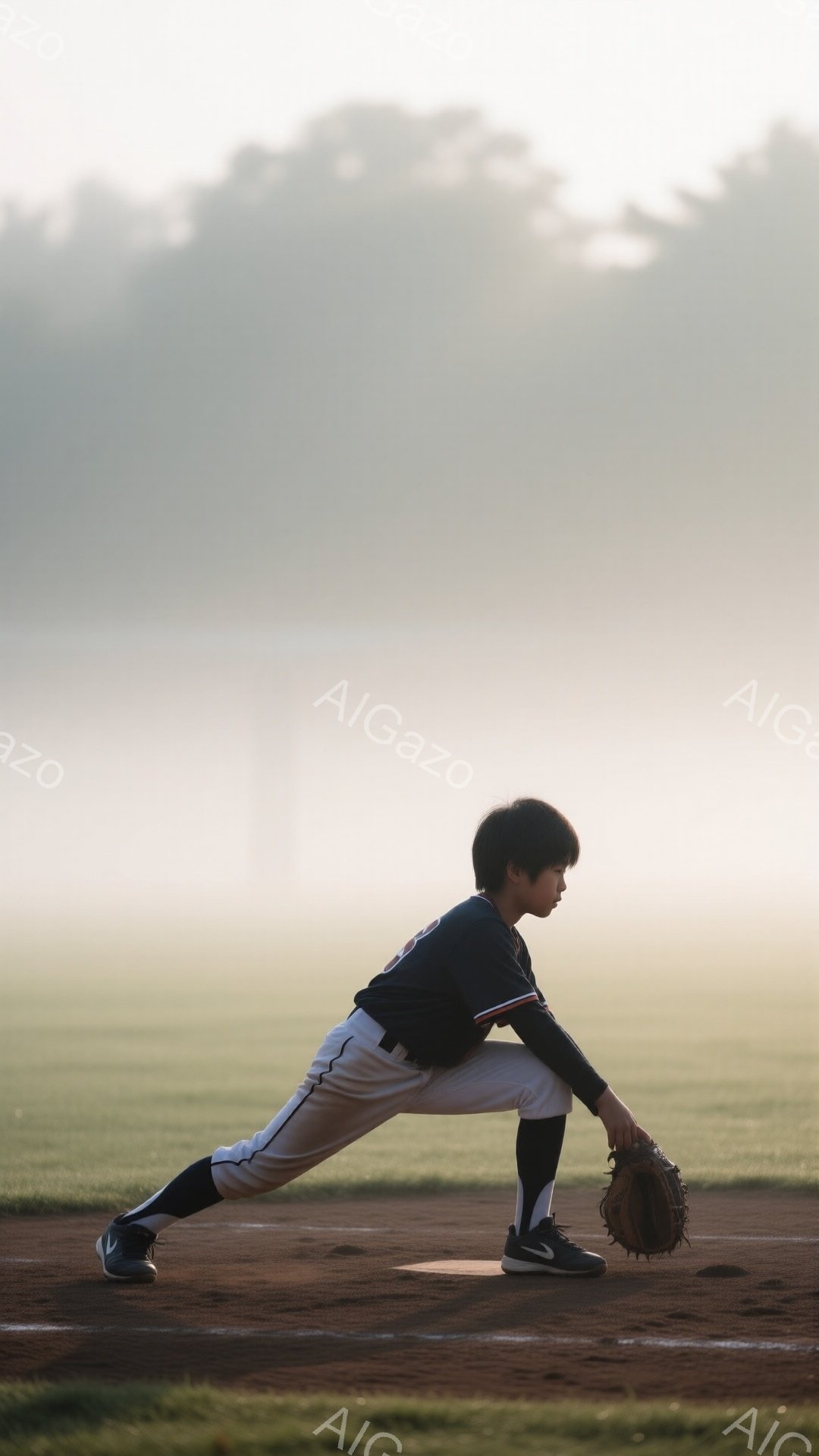 一人の少年が野球の練習場で構えている姿が写っている。紺色のユニフォームに白いズボン、黒い靴を履き、少し緊張した表情でボールを見つめている。背景は朝靄に包まれた緑のフィールドで、遠くにはぼんやりと木々が見え、静かで集中した雰囲気が漂っている。