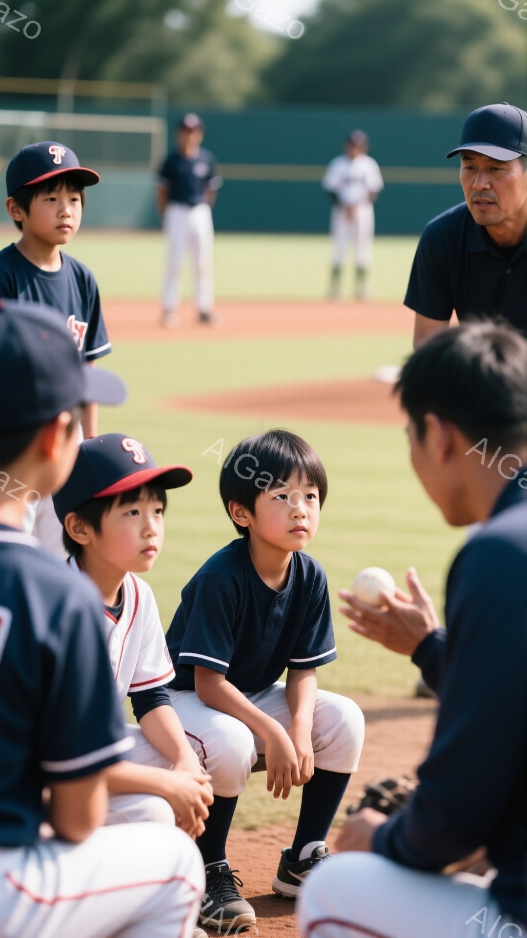 少年野球チームの練習風景で、少年たちは野球帽を被り、紺色のユニフォームと白いズボンを着用している。一人の少年が前にかがみ、真剣な表情でコーチの話を聞いており、他の少年たちもそれに注目している。背景には - AI生成フリー素材