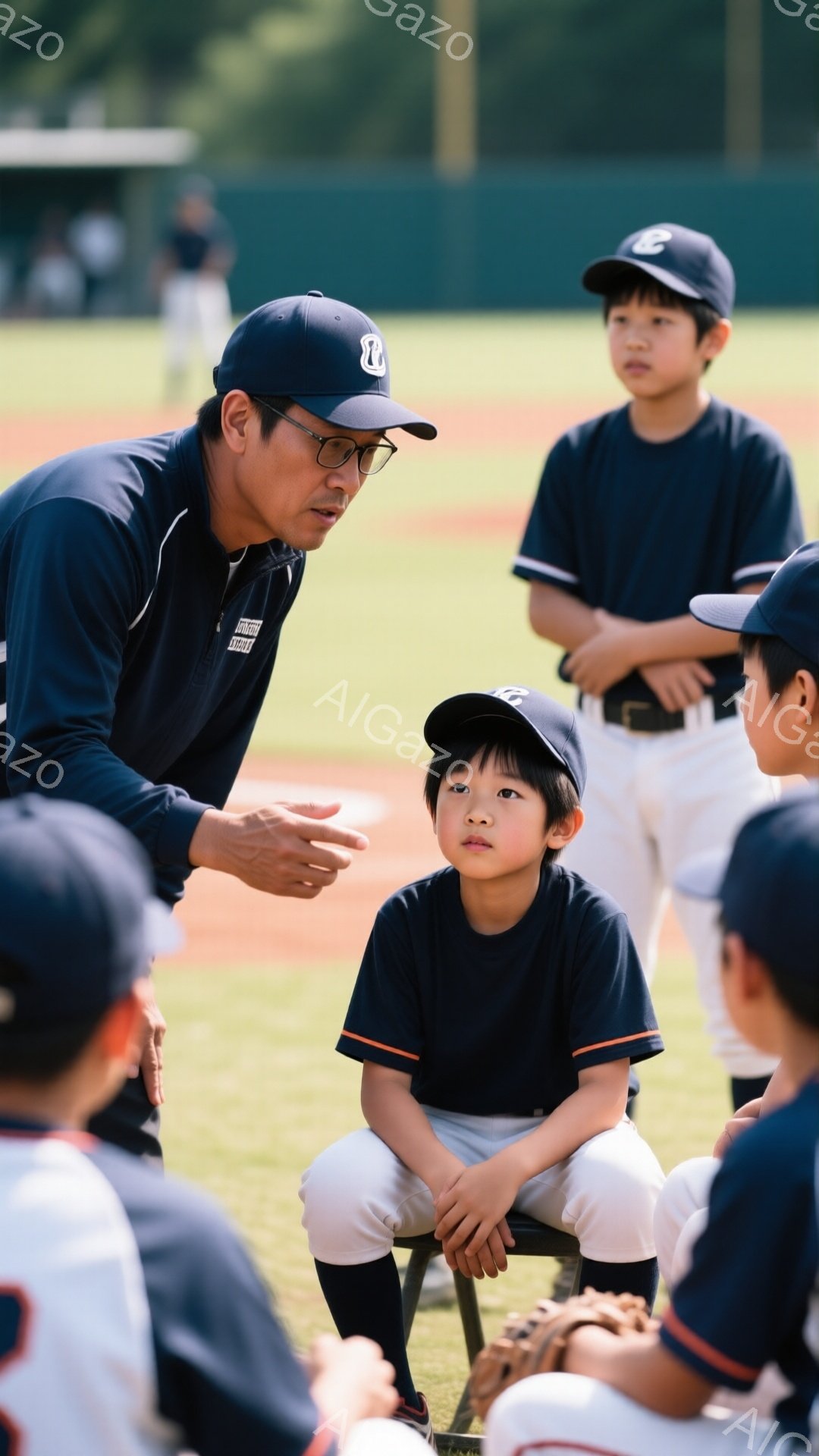 野球の練習風景で、監督と思われる男性が少年たちに何かを話している様子が写っている。少年たちは紺色のユニフォームと帽子を着用し、真剣な表情で話を聞いている。背景には緑豊かな野球場と、ややぼやけた建物が見 - AI生成フリー素材