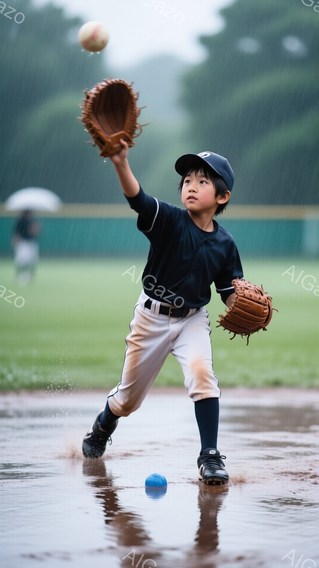 雨の降る野球場で、少年がキャッチボールをしている様子が写っている。少年は紺色のユニフォームと白いズボン、黒い靴を履き、帽子をかぶり、真剣な表情でボールを捕ろうとしている。背景には緑のグラウンドと雨の中を歩く人々の姿が見え、全体的に少し寂しげで、雨に濡れた野球場の雰囲気が伝わってくる。