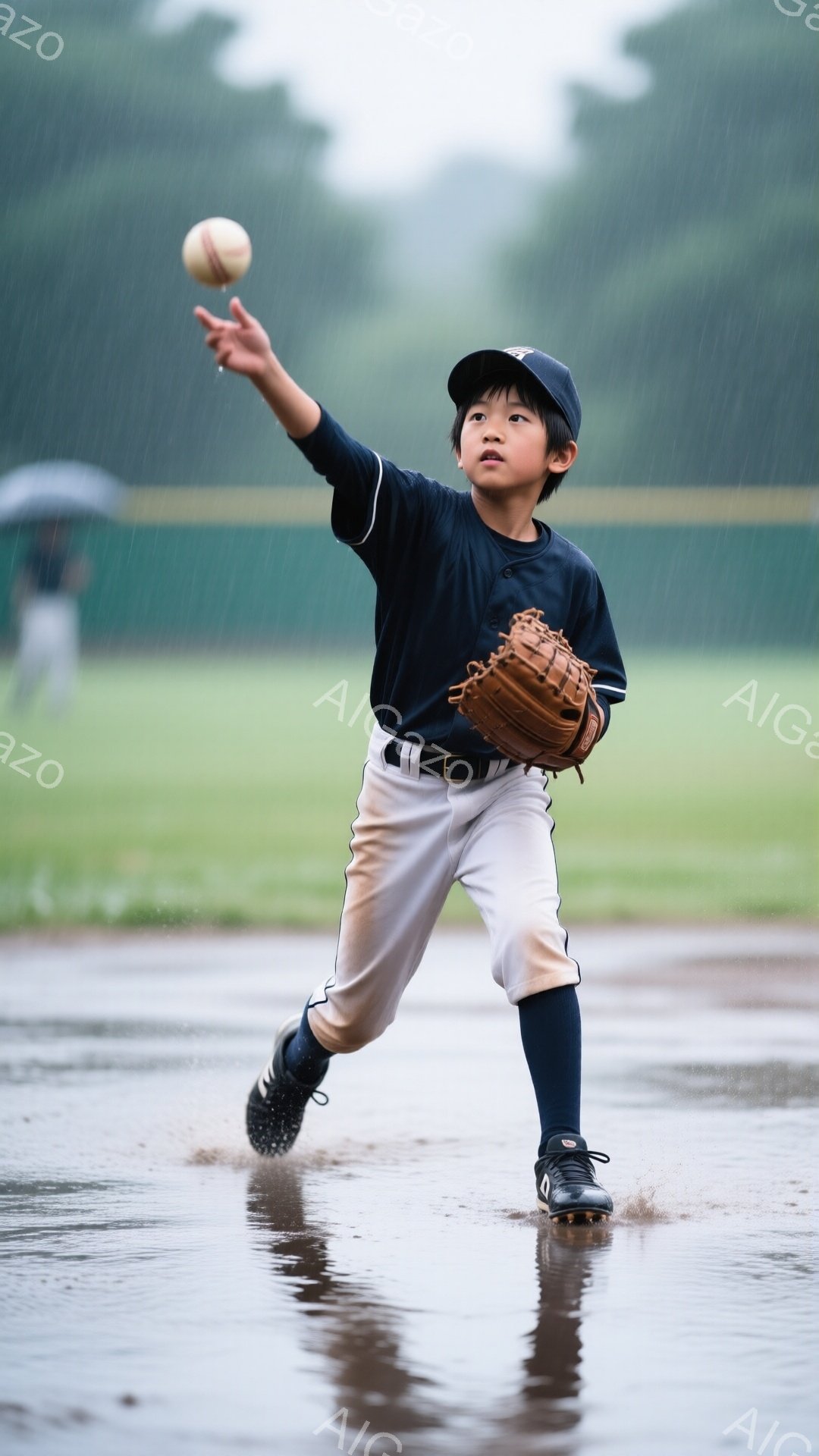 少年は野球の試合中、雨の中、ボールを投げる動作をしている。紺色のユニフォームと白いズボン、黒いソックスとスパイクを履いており、野球帽を被っている。背景は緑のフィールドと雨で濡れた地面、そしてぼんやりと見える観客席と傘が確認でき、全体的に少し寂しげで決意に満ちた雰囲気である。