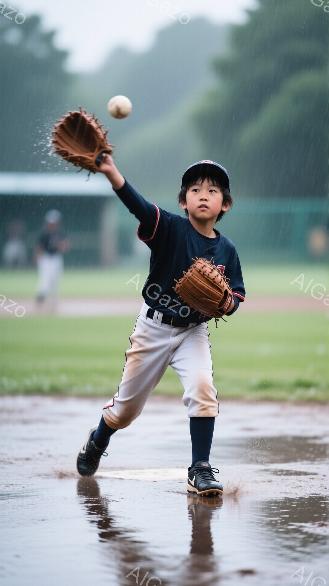 雨の降る野球場で、少年が野球の準備をしている。少年は紺色のシャツに白いズボン、赤い靴下を履いており、帽子をかぶっている。彼は右手にグローブを持ち、投げそうな姿勢をとっており、顔には強い意志が感じられる。