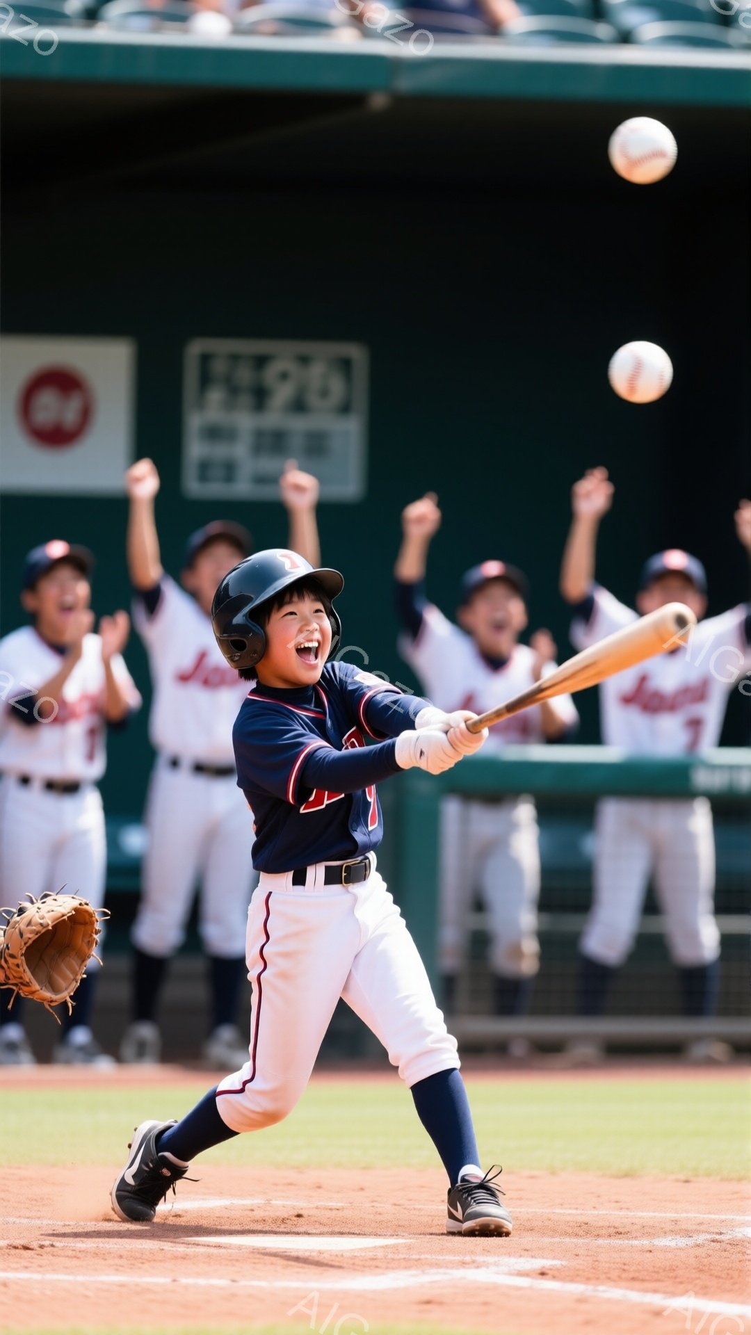 野球の試合でバッターボックスに立つ少年が写っている。紺と赤のストライプのユニフォーム、ヘルメット、紺色のソックスとスパイクを着用し、力強くバットを振っている。背景にはチームメイトが応援している様子が見 - AI生成フリー素材
