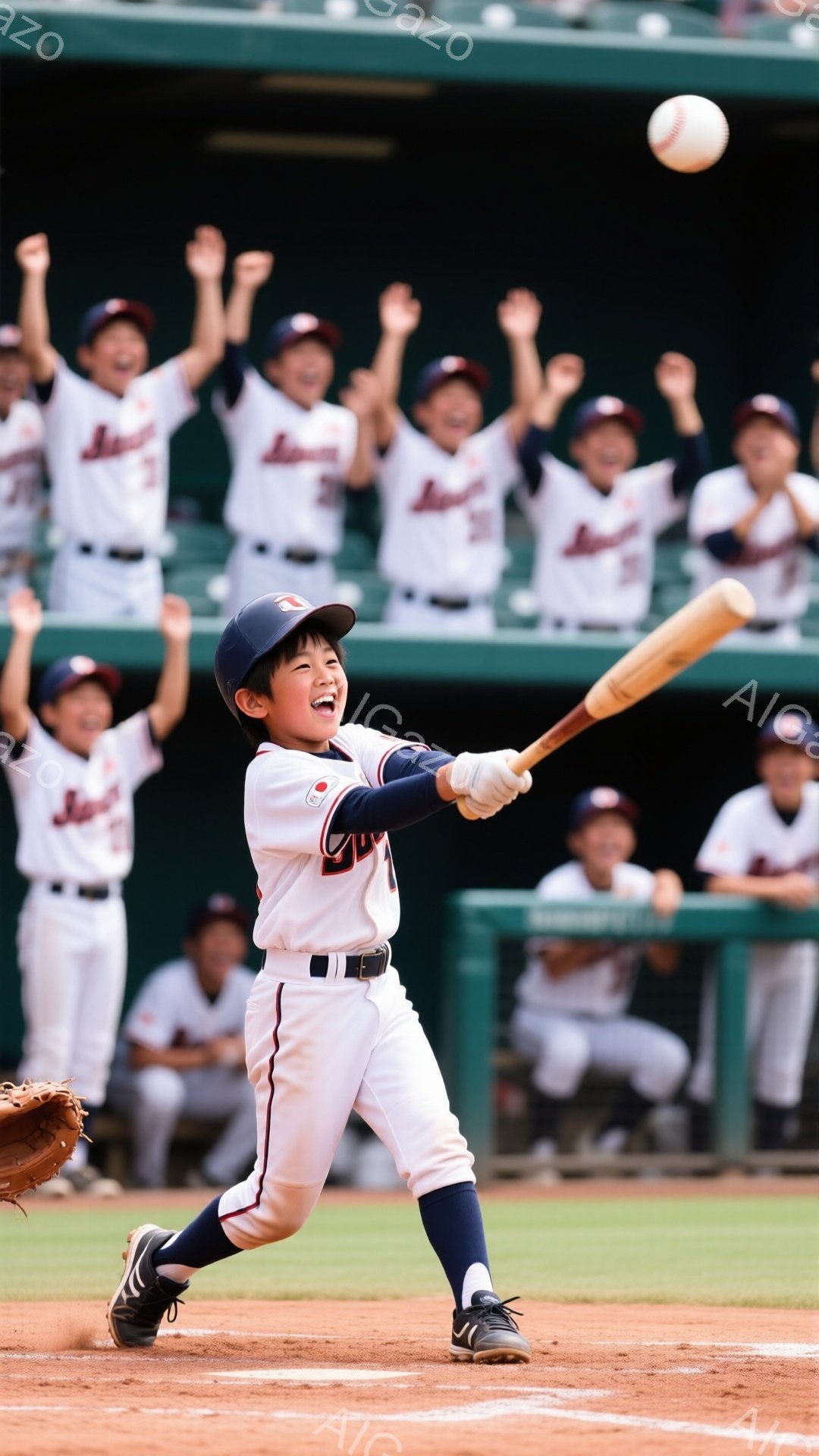 野球の試合でバッターボックスに立つ少年が写っている。少年は野球帽を被り、白とネイビーのユニフォーム姿で、力強くバットを振っている。背景には、歓声を上げ、両手を挙げているチームメイトたちが写っており、活気に満ちた雰囲気が伝わる。