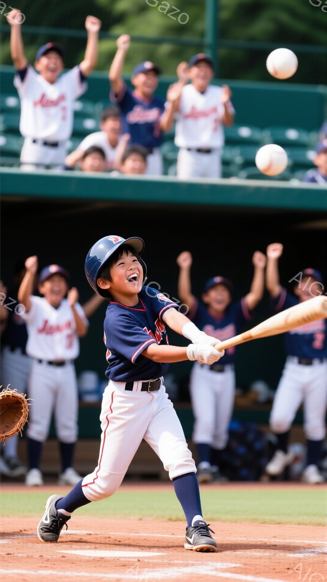 少年は野球のバッターボックスに立ち、フルスイングをしているところです。赤とネイビーのユニフォーム、帽子、スニーカーを着用し、満面の笑みを浮かべています。背景にはチームメイトが応援しており、緑豊かな自然と晴天の空が広がっています。