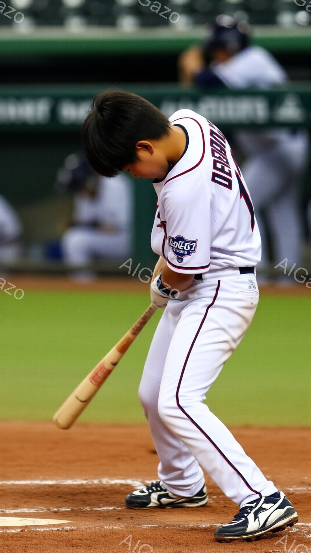 野球選手がバッターボックスでスイングしている様子が捉えられています。白を基調としたユニフォームには赤いラインと「OREGON」の文字が入っており、紺色のヘルメットとスパイクを着用しています。背景は緑色 - AI生成フリー素材