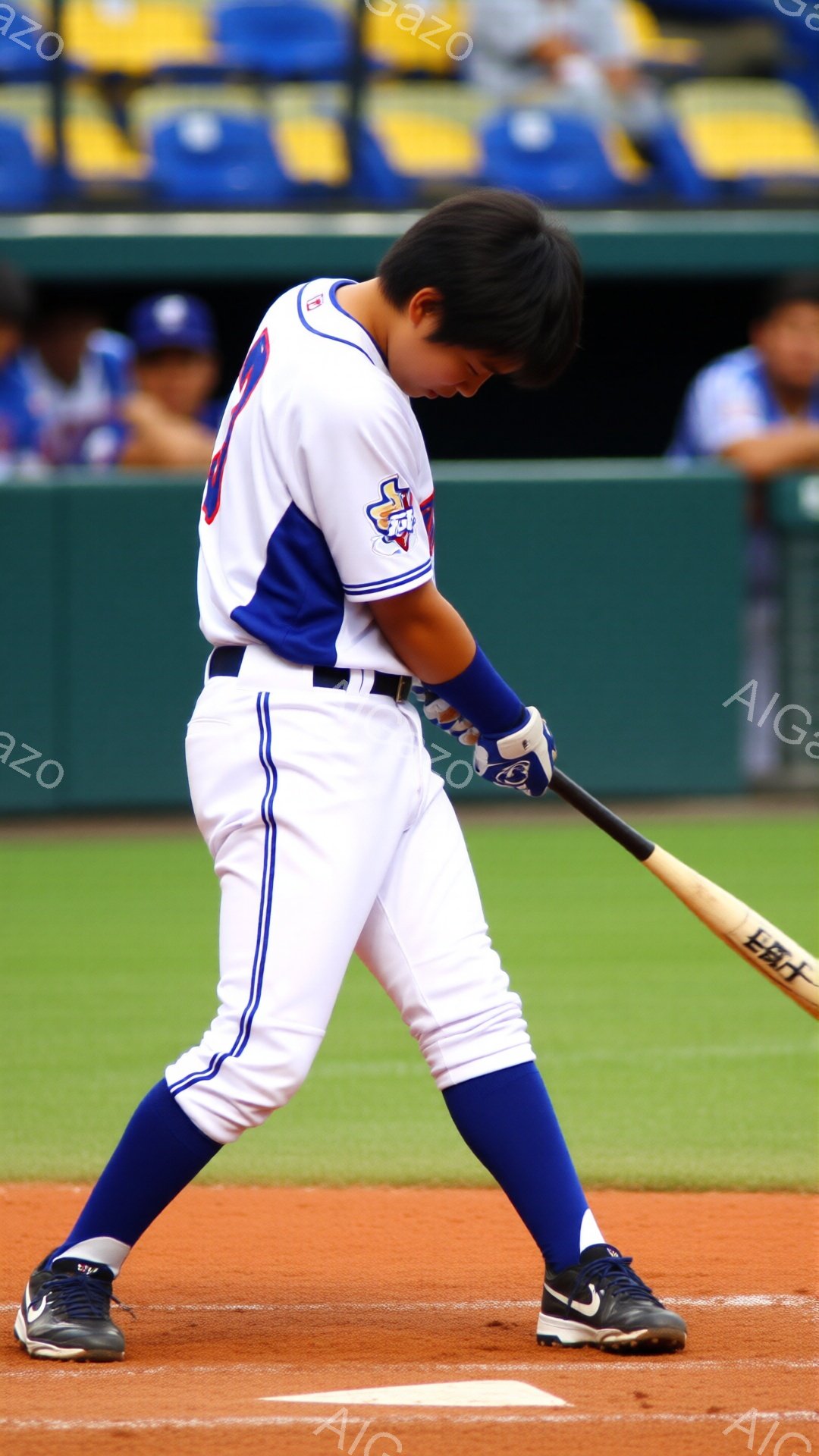 野球選手がバッティングフォームをとっており、青と白を基調としたユニフォームを着用している。選手は黒色のヘルメットとバッティンググローブを身に着け、集中した表情でバットを構えている。背景には緑のグラウン - AI生成フリー素材