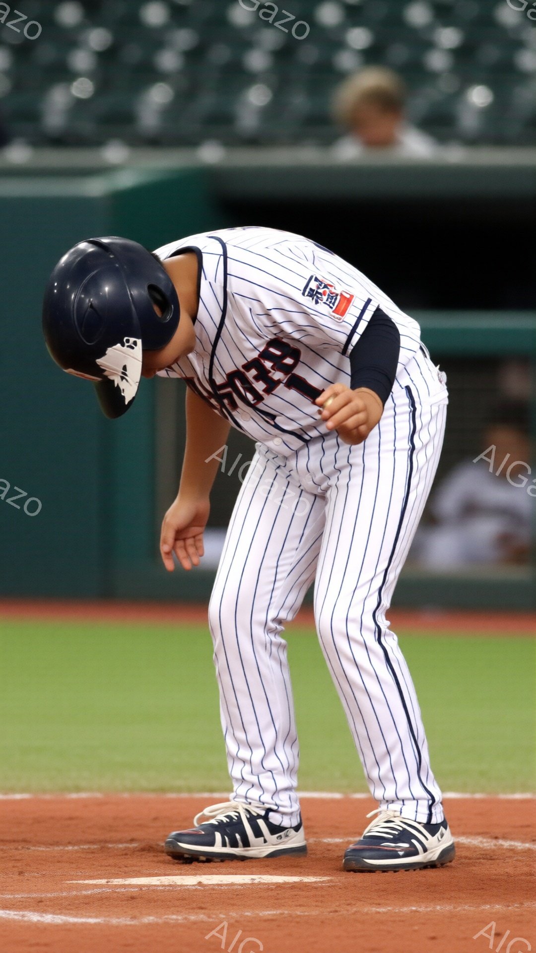 野球選手が白と紺のストライプのユニフォームとヘルメットを着用し、野球場の土の上にうなだれて立っている。彼は片足を少し前に出し、両手は体の前に垂らしており、疲労や落胆といった感情を表しているように見える - AI生成フリー素材