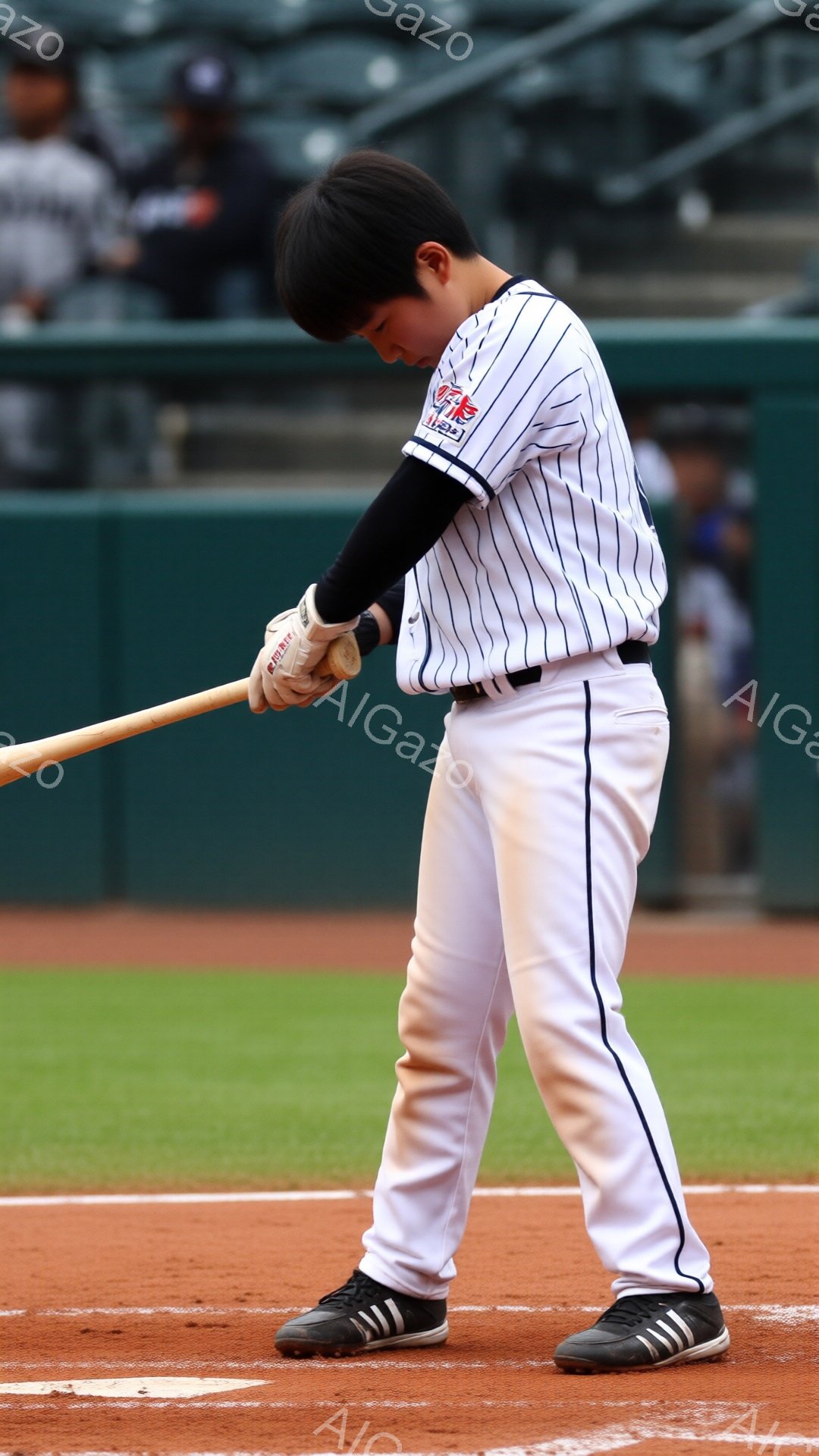 野球選手と思われる少年が、バットを握り、打撃の準備をしている様子が写っている。少年はストライプの野球着と白いズボンを着用し、黒いスパイクシューズを履いている。背景には緑の芝生、土のグラウンド、そして観客席が見え、晴天の下での試合の雰囲気が伝わってくる。