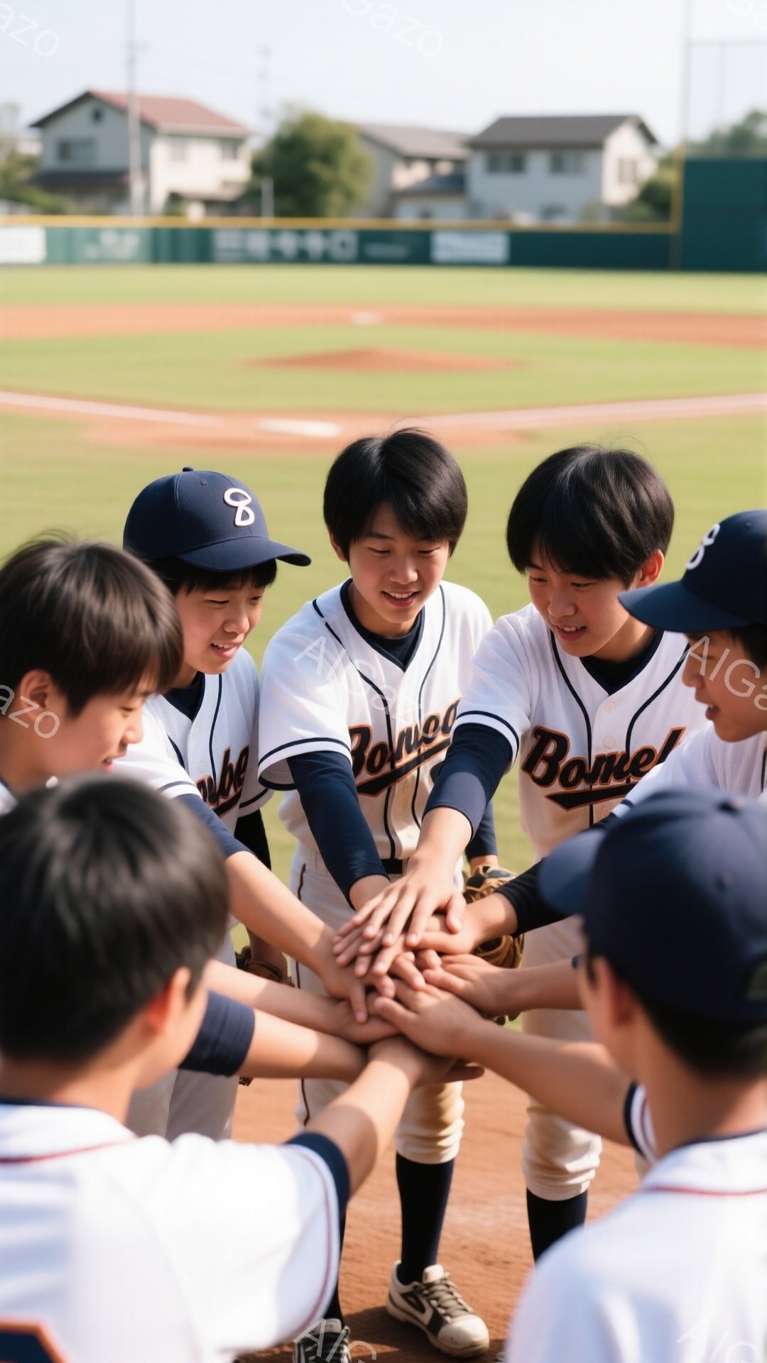 少年野球チームの子供たちが円陣を組み、手を重ねています。白いユニフォームには青い文字でチーム名が書かれており、紺色の帽子をかぶっています。背景には緑の野球場と、遠くに見える住宅や建物、そして晴れた空が広がっており、活気と団結力に満ちた雰囲気です。