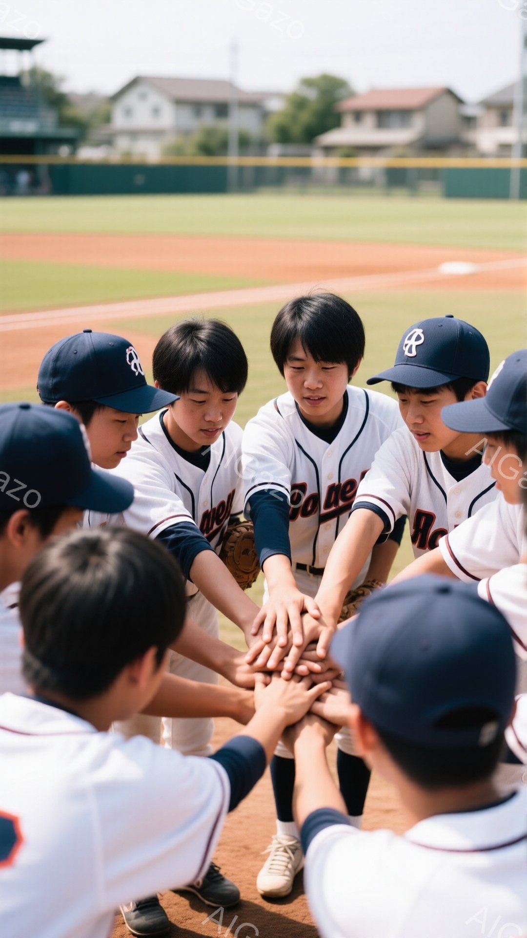 少年野球チームの選手たちが円陣を組み、互いに手を重ねています。紺色の帽子と白のユニフォーム姿で、真剣な表情で次のプレーに向けて士気を高めている様子が伺えます。背景には緑の芝生と野球場、そして遠くに建物 - AI生成フリー素材